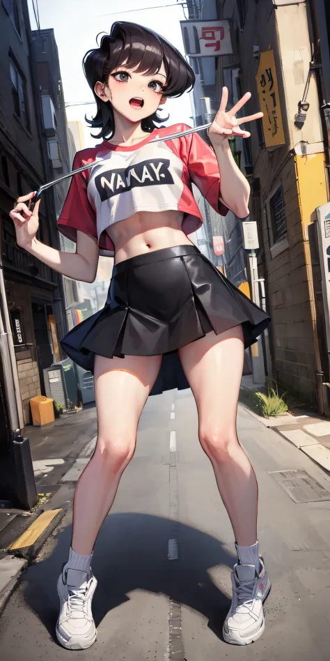 komi shuuko,having fun，student clothing，superskirt，crop topping，cute-style，highly rendered，detailed face with，fleshy thighs