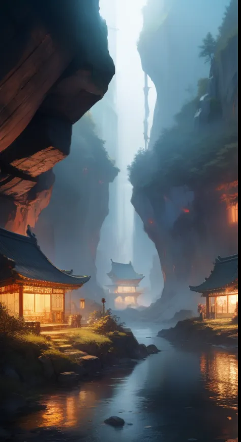 Ancient Chinese city，in wonderland，High hills，waterfallr，Huge scenes