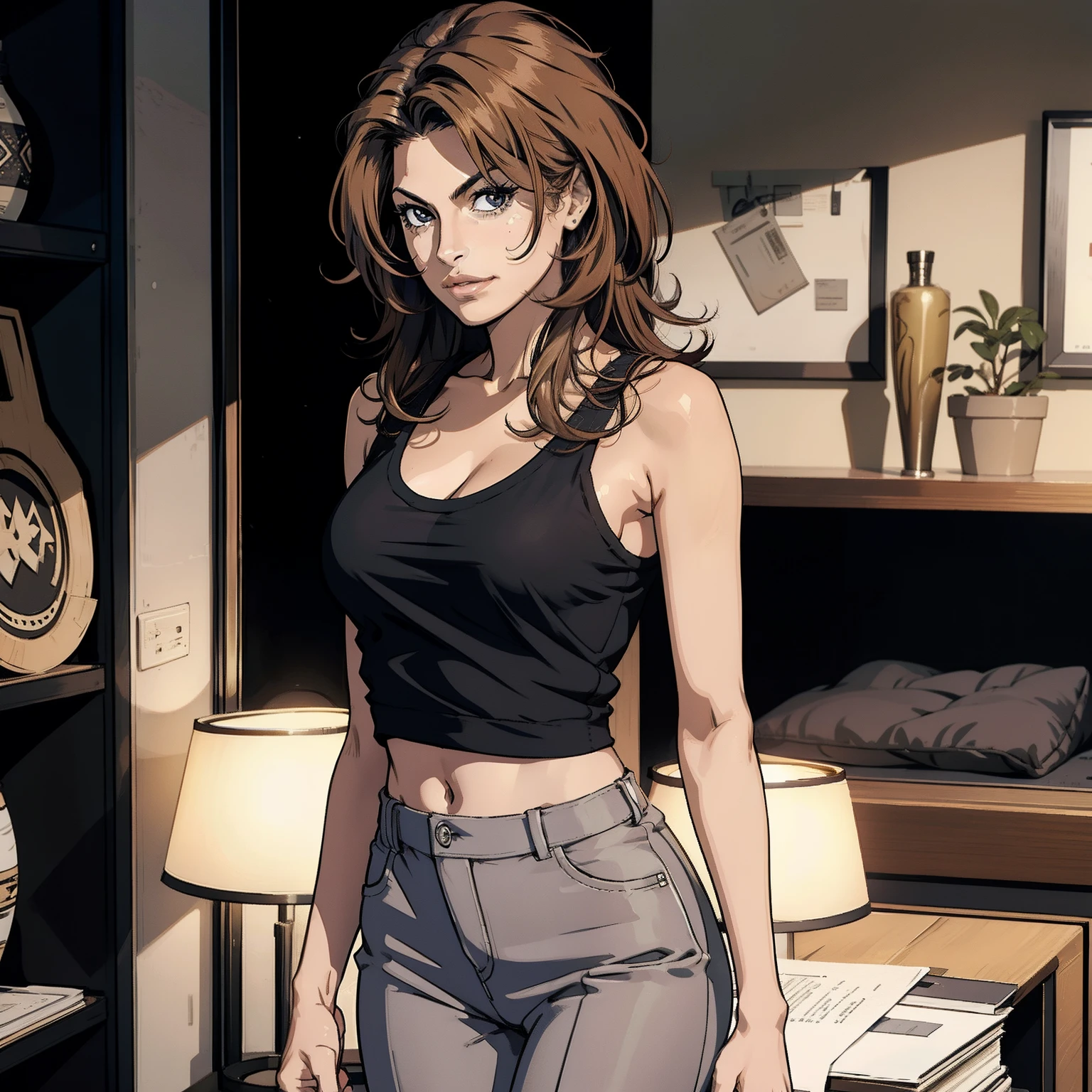 Eva Mendes, cabelo longo marrom, wearing a gray T-shirt and black pants, seios enormes, corpo sexy, desenho de corpo inteiro, alta resolução, design de anime