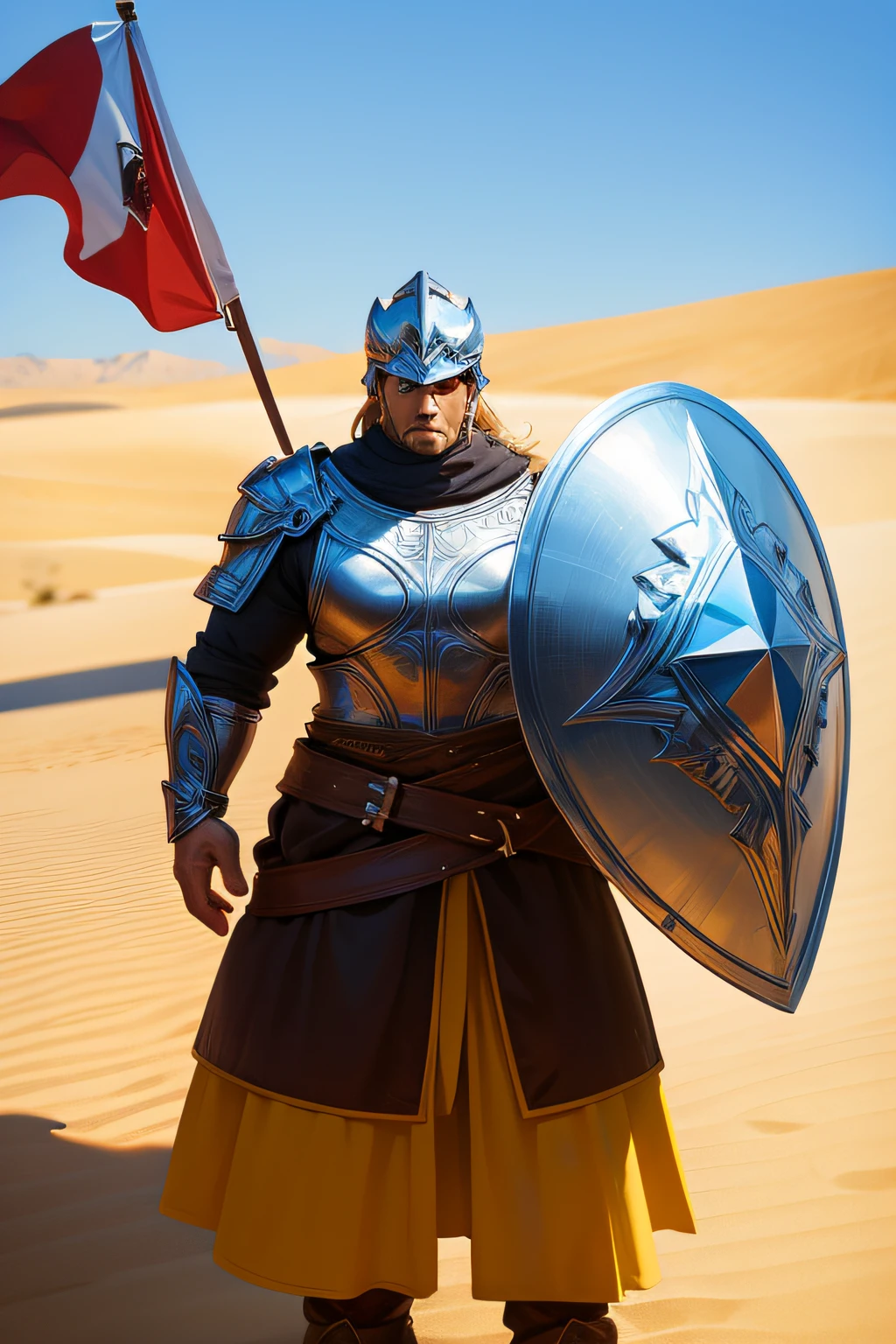 강한 남자，방패를 가져라，갑옷을 입고 있다，헬멧을 쓰고 있다，사막에서，깃발，큰 바람，말
