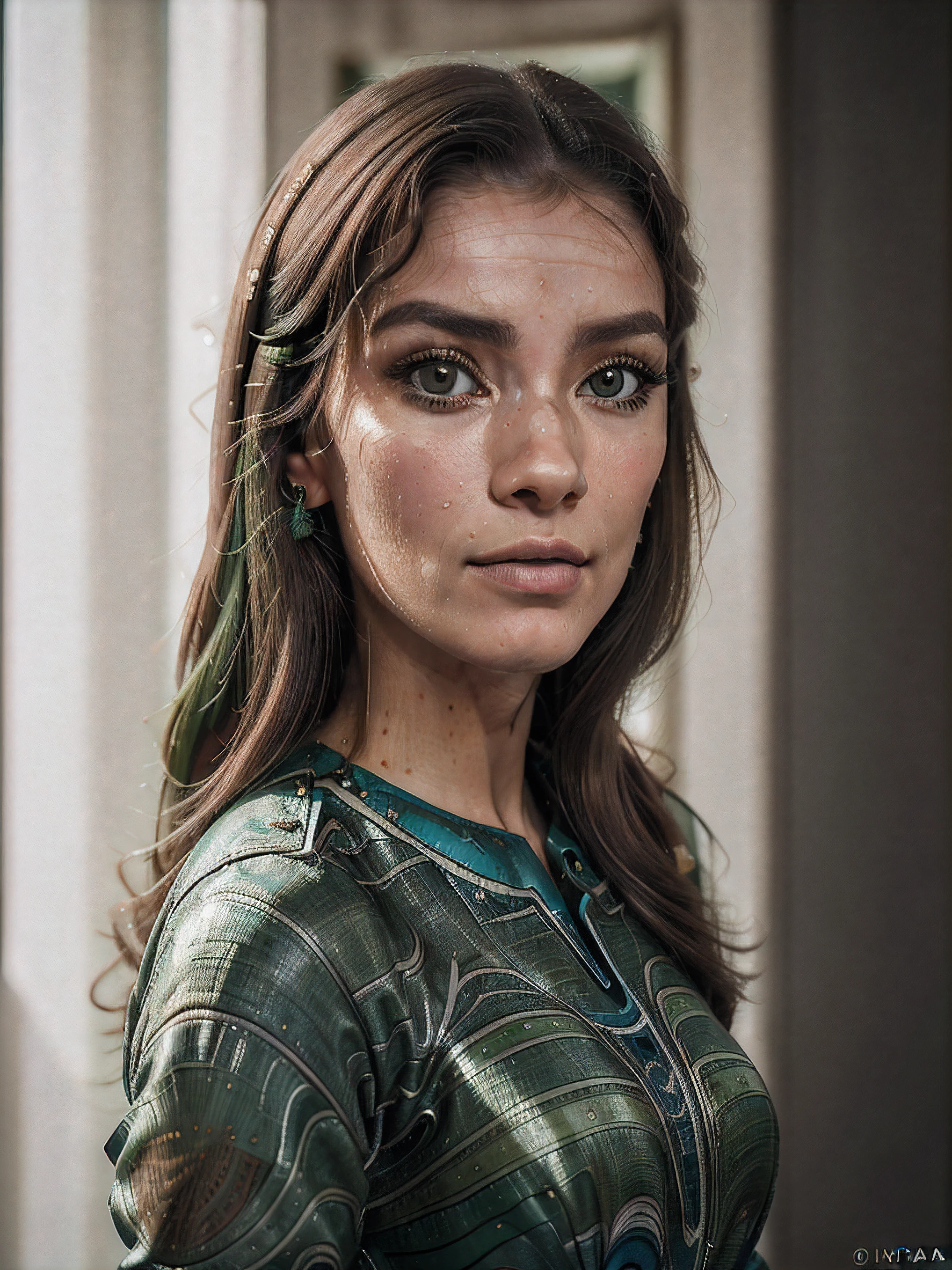 A close up of a woman with a green shirt and earrings - SeaArt AI