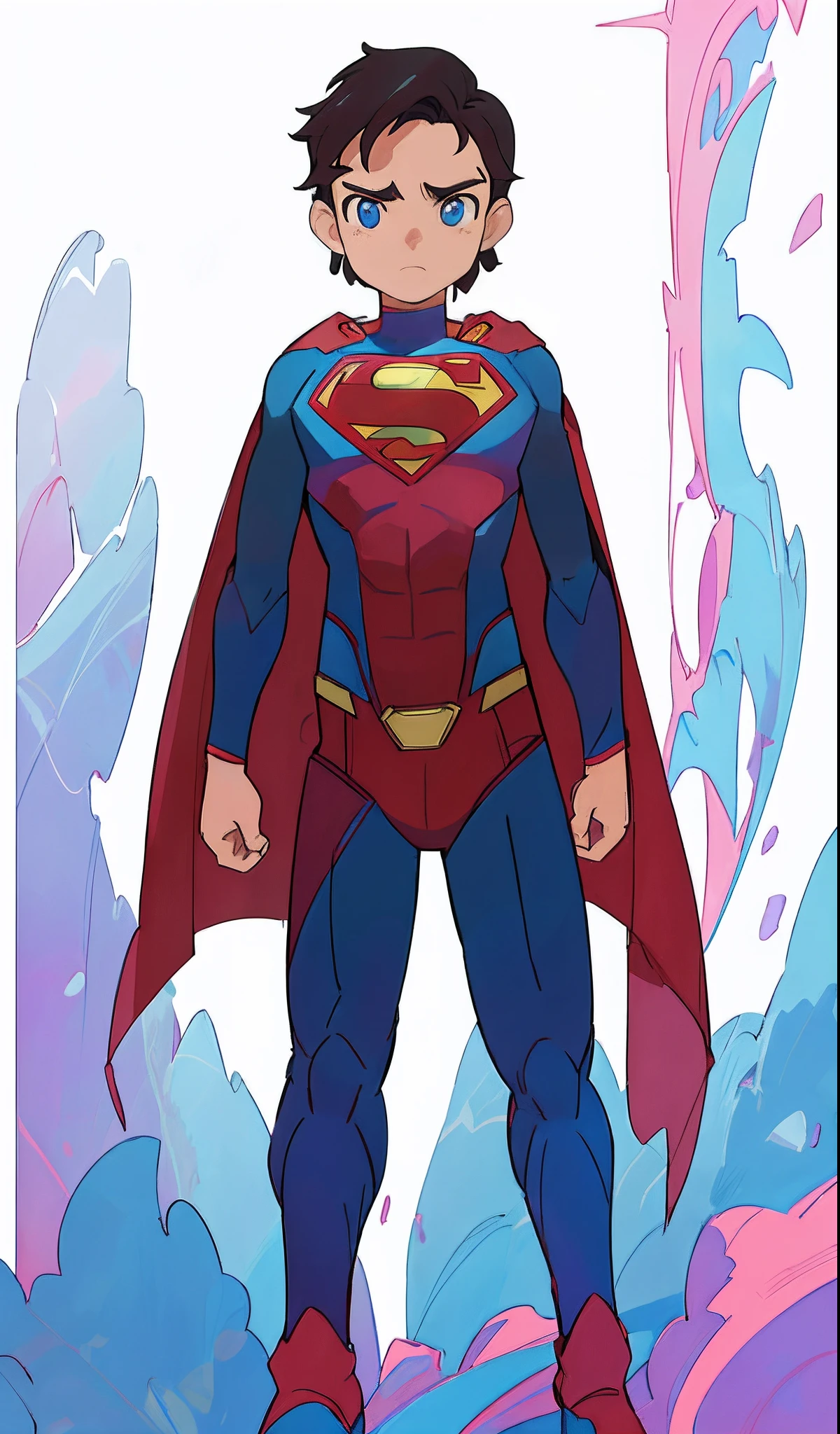超人 is standing in front of a background of blue and pink, DC漫畫藝術風格, 官方藝術, 官方概念艺术, 全身概念, 超人, 無文本的, inspired 作者：维克多·莫斯克拉, 全新服装概念设计, 作者：维克多·莫斯克拉, DC漫畫風格, 數位彩色, 靈感來自亞當·達裡奧·基爾, 乾淨的線條和顏色, 超人 pose, 官方同人畫
