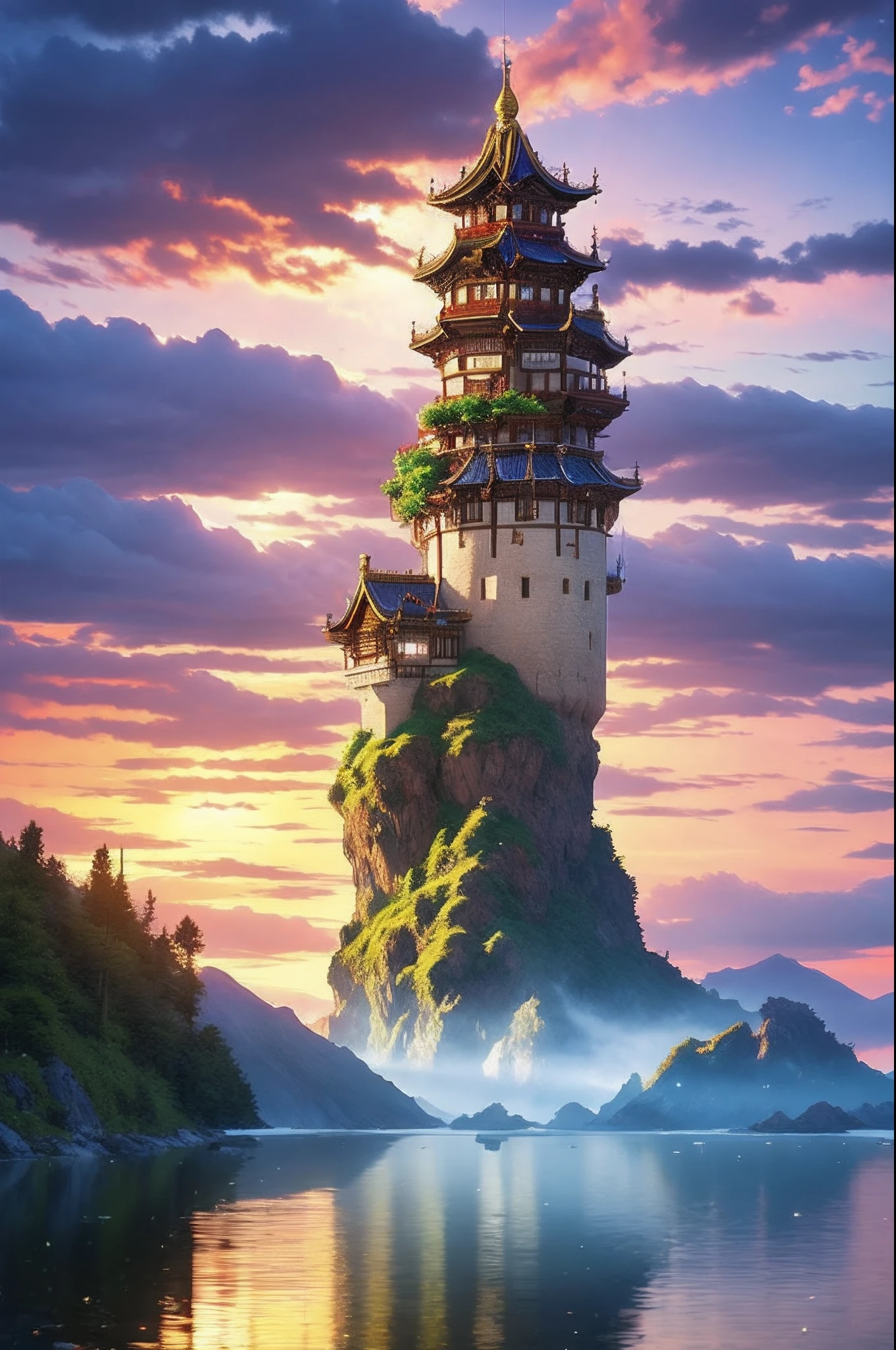 ピクセルゲーム《ドラゴンクエスト》，ゲームキャラクターデザイン，（騎士：1.4），ヨーロッパの城，厚い雲，雲に囲まれて，16ビットピクセルアート