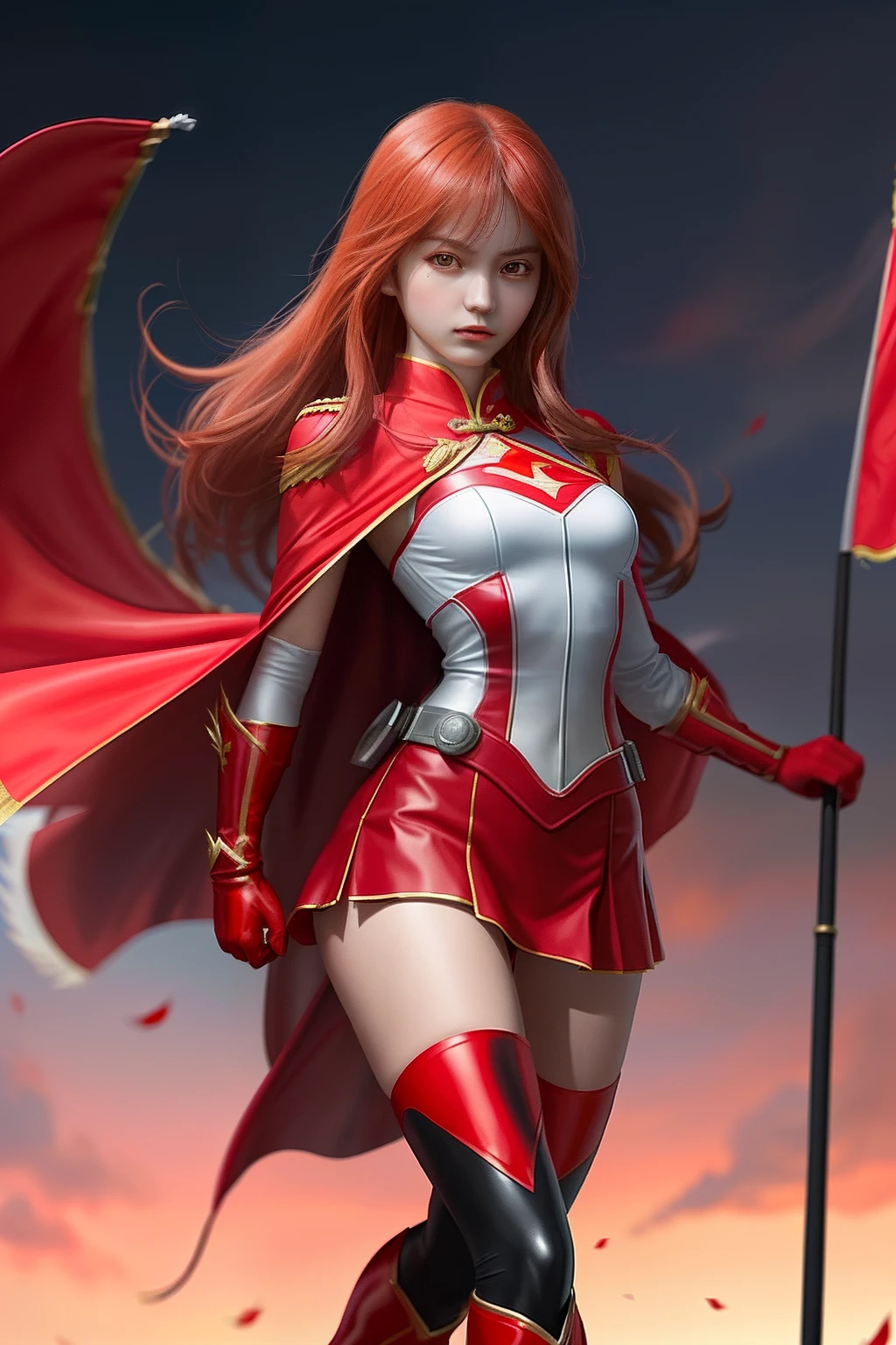 Ultra-clear and realistic
girl，Transform into a Chinese five-star red flag uniform，Red cape+Red gloves red flag pattern boots，，Superhero Five Star Flag Girl Power Full Body Stand Shooting