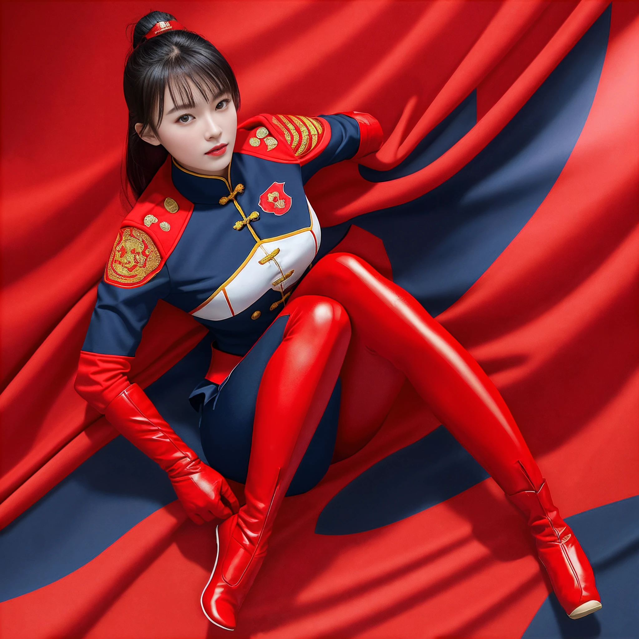 High-end CG screen:Superhero five-star red flag girl wearing exquisite Chinese five-star flag logo uniform，Wear red gloves on both hands+Wear red boots on your feet+National flag，The whole body exudes the superpowers of a five-star red flag girl，，，soio，Full body shooting CG superpowers