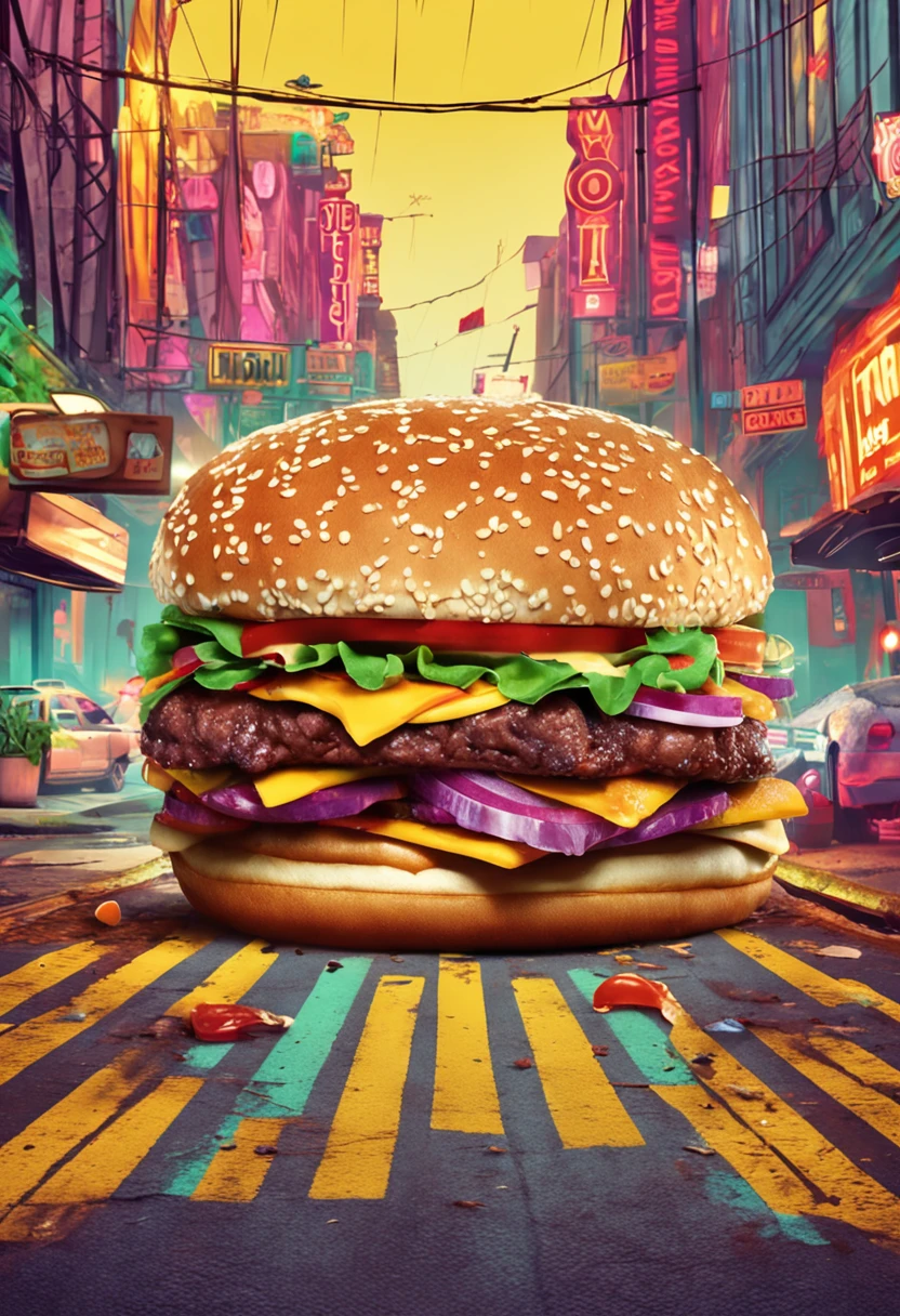 A close up of a hamburger on a city street with neon signs - SeaArt AI