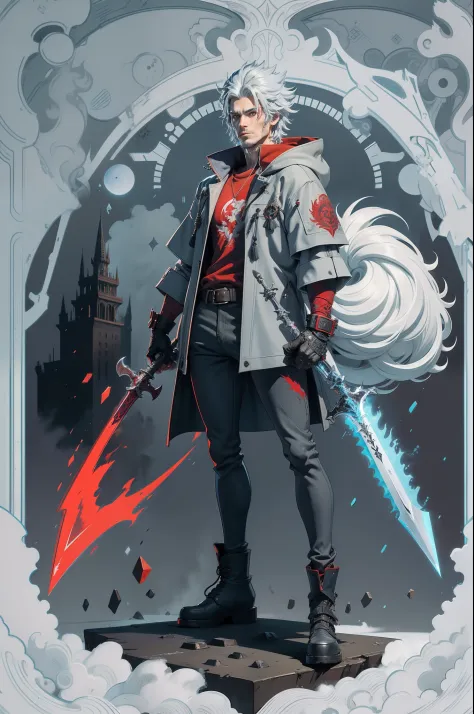 solo person，Shaggy, Furry male wolf, Man's grave, Red Dragon Eye，high and cold，，Handsome，Wear a gray coat，Wear shorts，No shoes，Anthropomorphic cyberpunk-style werewolf character。On the left is a large sharp blue sword，The body of the sword is blue，There is...