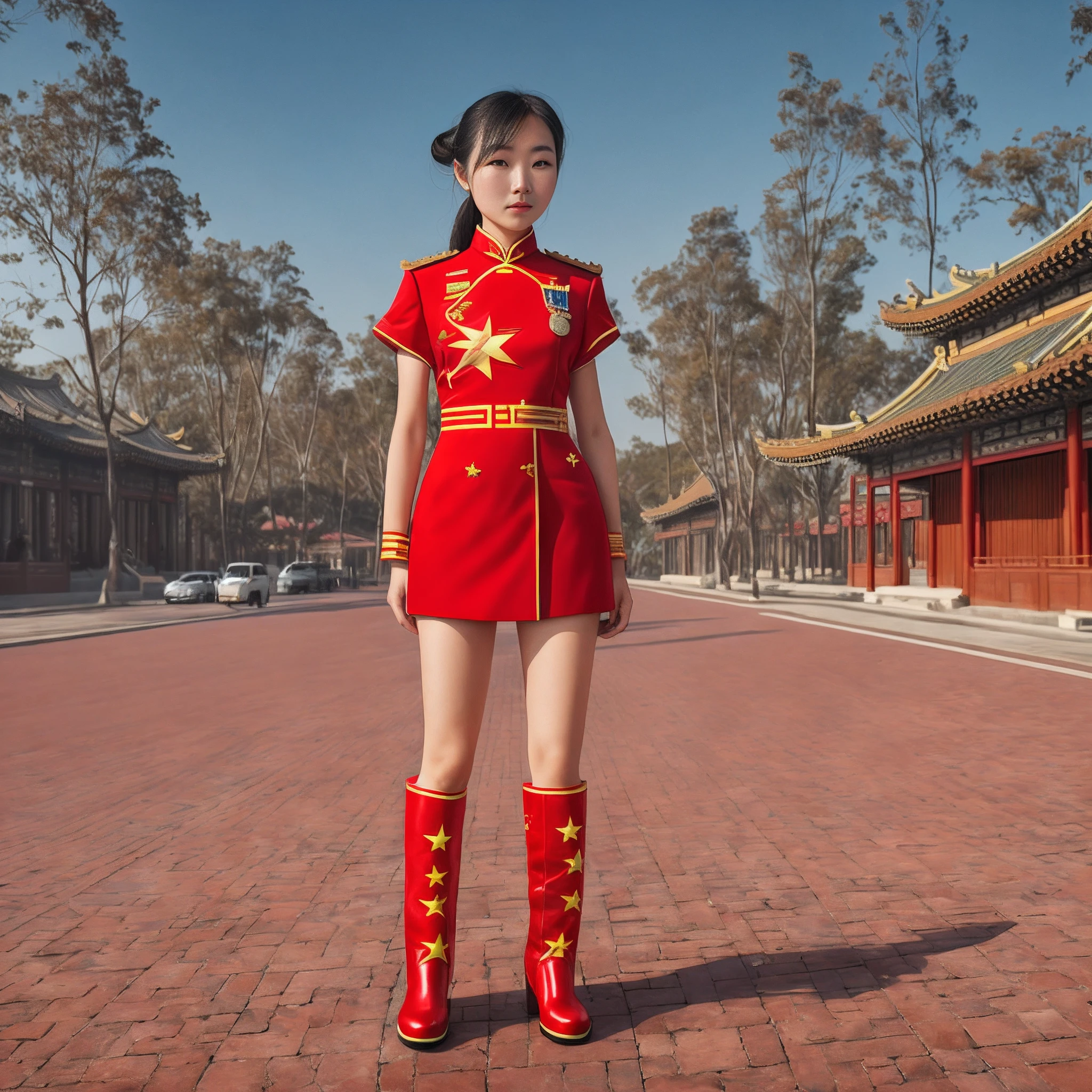 Wearing a delicate Chinese five-star flag uniform+Wear Chinese five-star red boots on both feet+National flag，Five-star flag girl standing all over her body shot