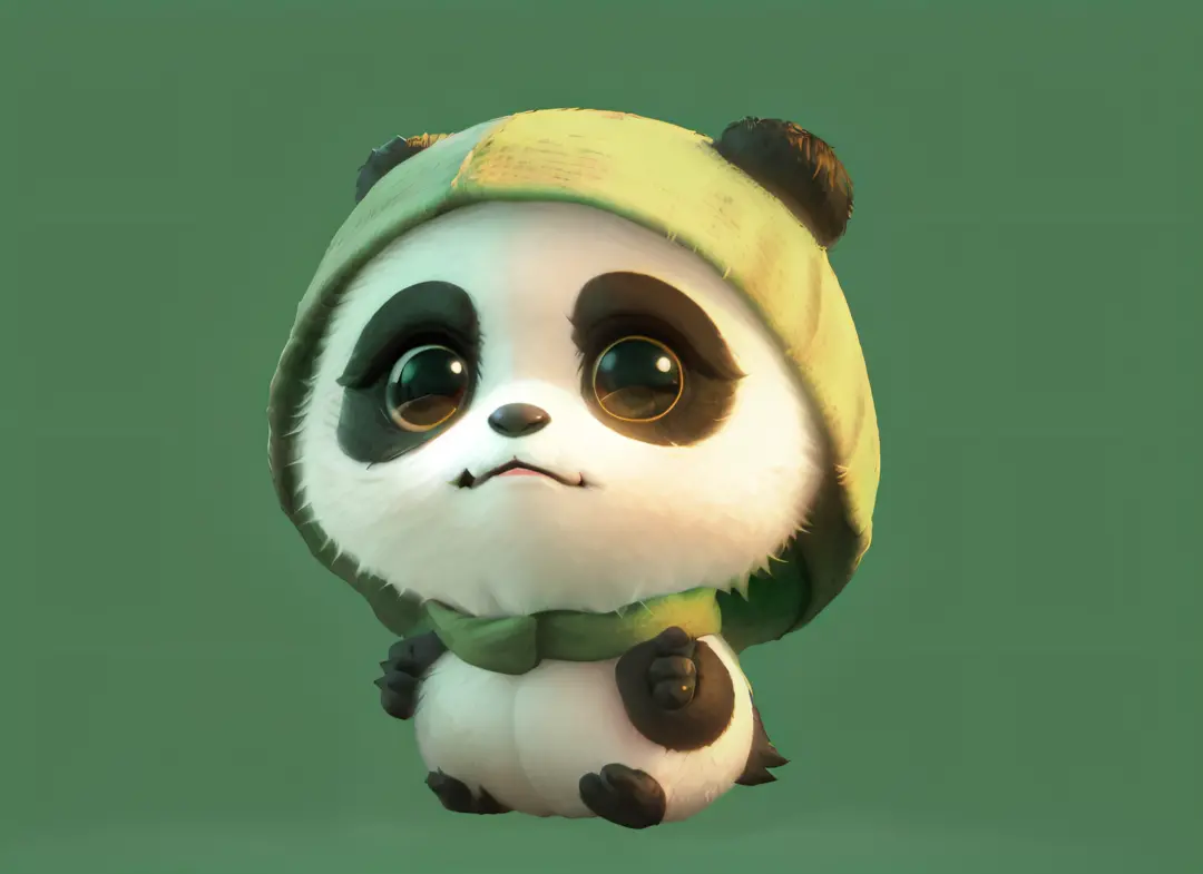 Panda wearing green hat and scarf sitting on a green surface, Cute panda, cute 3 d render, Cute cartoon character, panda panda panda, Panda, lovely digital painting, cute character, Cute! C4D, Cute cartoon, cute animal, tian zi, a cute giant panda, cute cu...