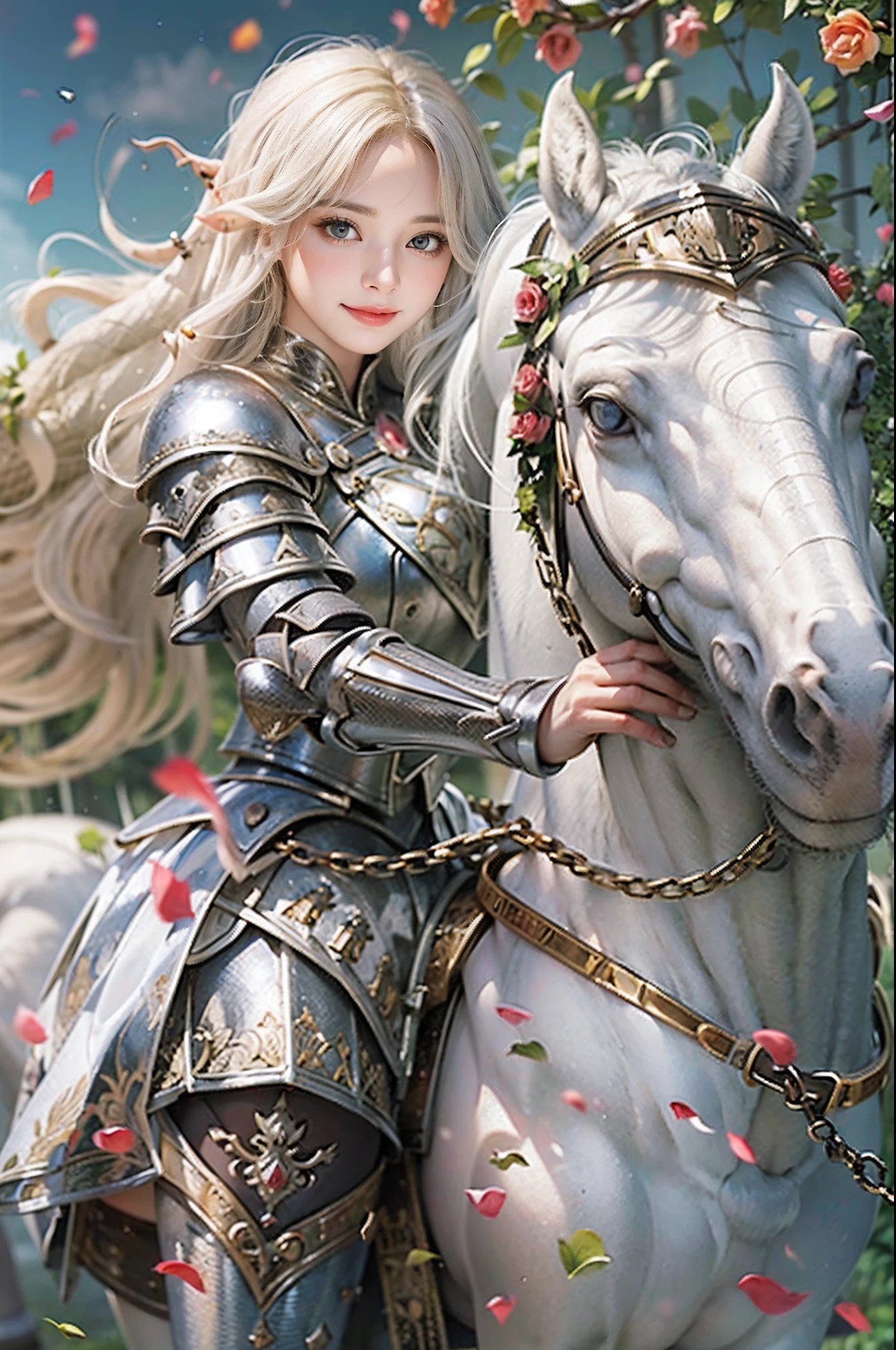 ((top-quality,​masterpiece, Ultra-detailed)),1 Young Female Knight, 25-years old ,(ultra hi definition photo), (Professional Photography), grand background, masutepiece, Cinematic Light, Fantasy World,Beautiful, (Shiny blonde hair), Medium Hair, Braids, Wave hair, Shining eyes, Blue eyes,(Powerful smile:1.2), Fashionable silver half plate and dress armor, (rose garden), in isekai,Medieval Europe,(White horse:1.6), chies,covered with thorns, Lens Flare, Perfect Lighting,Perfect horse