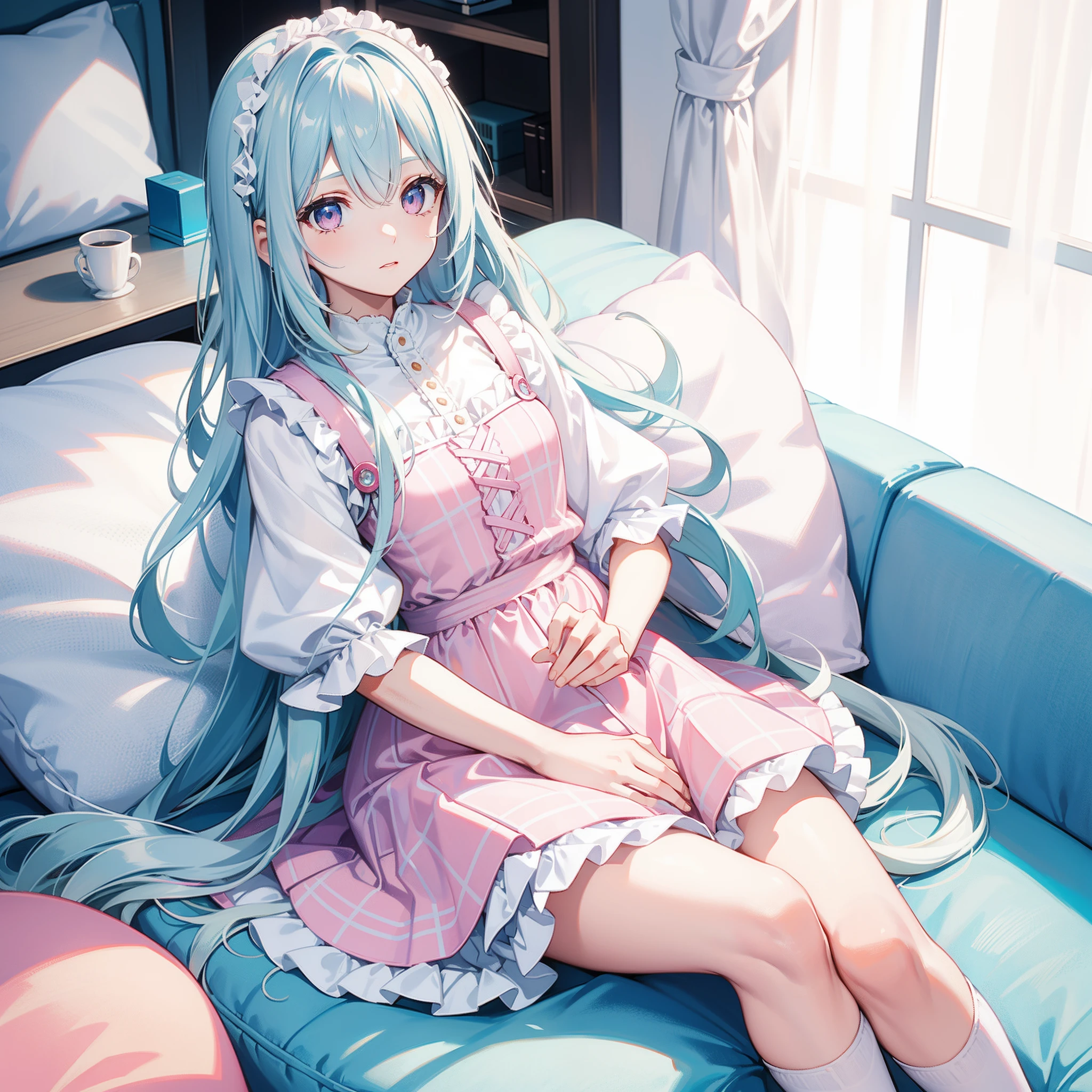 long baby blue hair，Pink eyes，adorable expression，Pink and white plaid short sleeves，White fluffy skirt，white stockings，Sit on a soft cushion，tilts your head