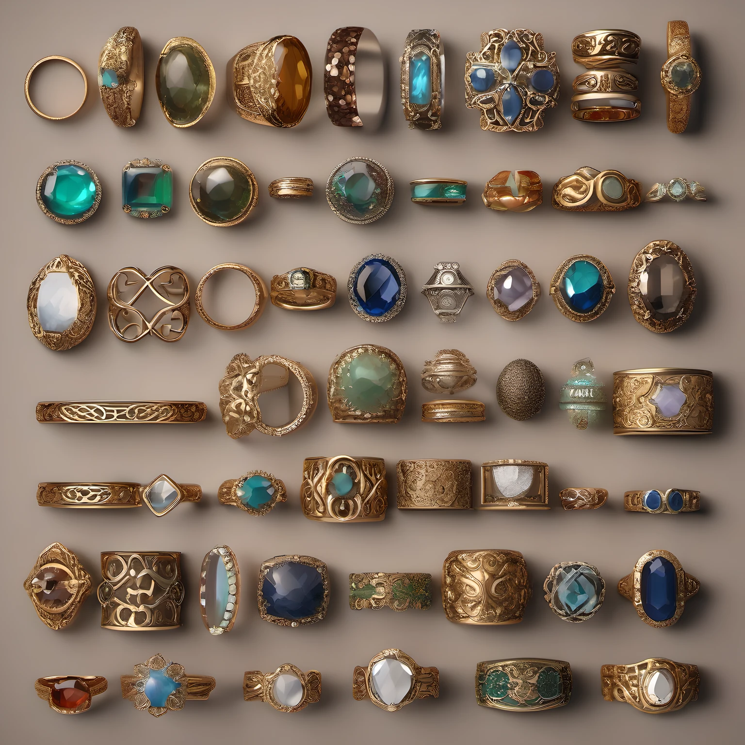 A collection of various rings with different shapes, sizes, colors, and materials. The rings are neatly arranged on a brown background in a knolling style, creating a contrast between the circular and rectangular shapes. The rings have intricate designs and some of them have gemstones or symbols on them. The image has a fantasy theme and a high resolution with ultra detailed textures and dynamic lighting., (realistic, 8k, masterpiece)