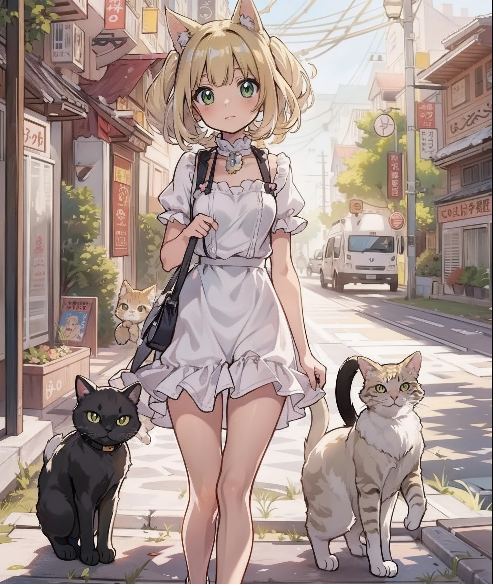 Anime-Mädchen in einem weißen Kleid, das eine Katze hält, und eine schwarze Katze gehen die Straße entlang, anime Katzenmädchen, cute anime Katzenmädchen, beautiful anime Katzenmädchen, Anime-Katze girl in a maid costume, Katzenmädchen, Anime-Katze, Anime-Mädchen mit Katzenohren, Very Beautiful Anime Katzenmädchen, Attraktives Katzenmädchen, Katzenmädchen, Nekomimi, beautiful young Katzenmädchen, Anime-Bild einer süßen Katze