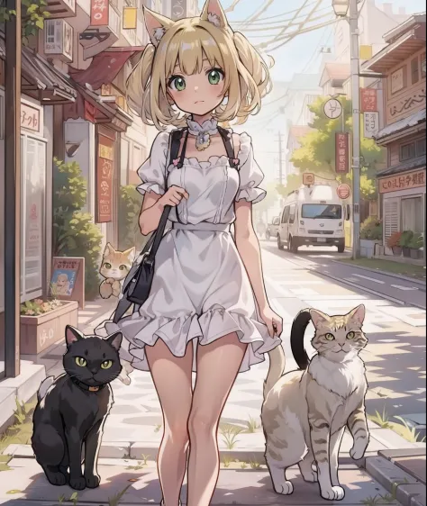 Anime girl in white dress holding cat and black cat walk down the street, anime catgirl, cute anime catgirl, beautiful anime cat...