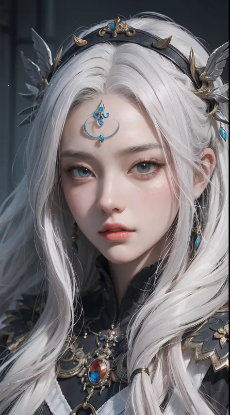 Close-up of a woman with white hair and white mask, beautiful character ...