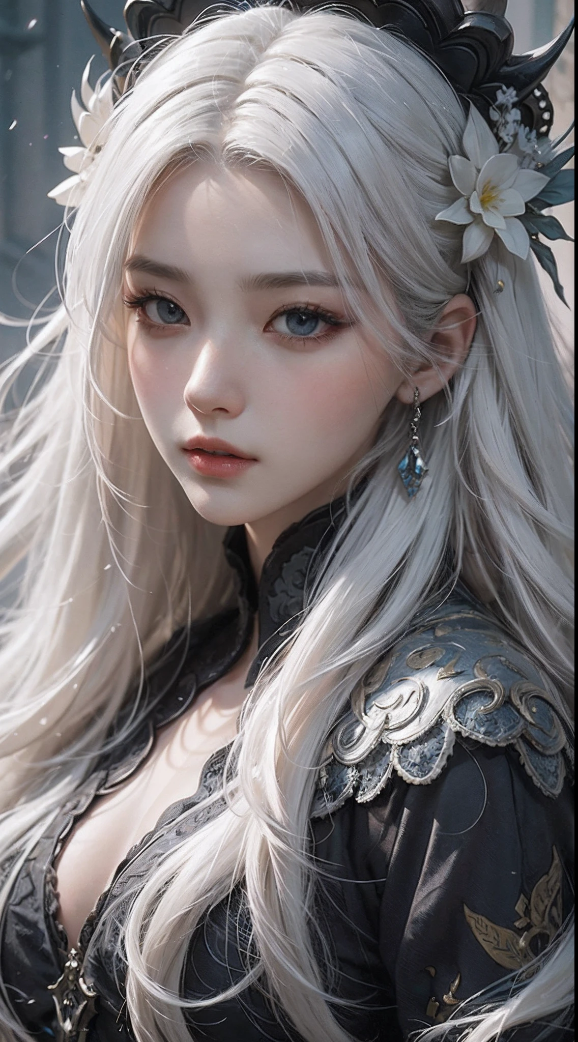 Close-up of a woman with white hair and white mask, beautiful character ...