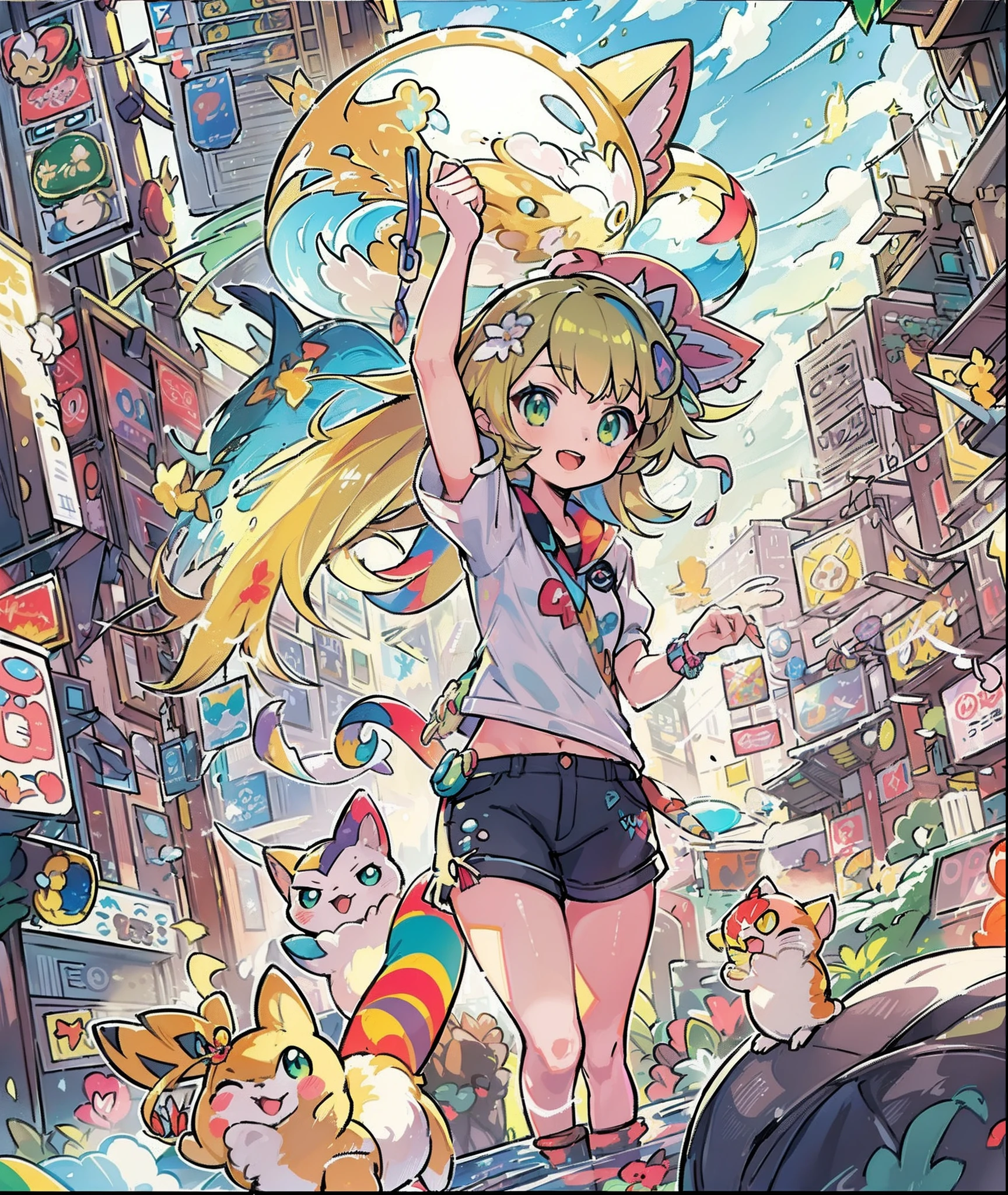 1girl in,A pokémon_The card,(top-quality), (high_quality), (Convoluted_Details), (ultra-detailliert), (illustratio), (Distinct_image),saito_naoki,city scenery、Rainbow View、With cats（（Cute cat１.５））、（（rainbow-colored hair））