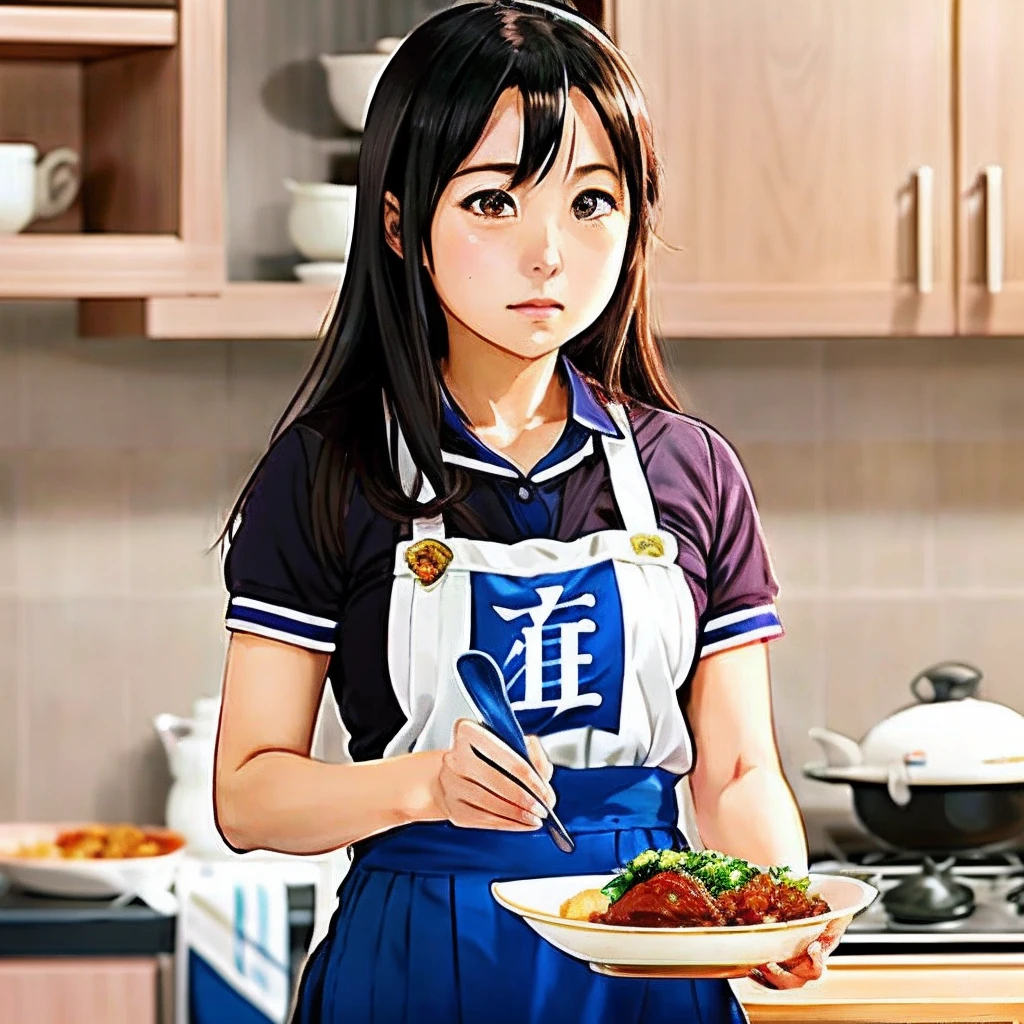 Anime-Mädchen in blauer Schürze hält Löffel und Schüssel mit Essen, Anime-Moe-Kunststil, nagatoro, Hyuga Hyuga, offizielle Kunst, Yaoi Kasuma, Fubuki, Marin Kitagawa fanart, Shouko Nishimiya, offizielles Anime noch, Anime-Standbild, Kochen, Anime-Bild eines süßen Mädchens, Shirobako