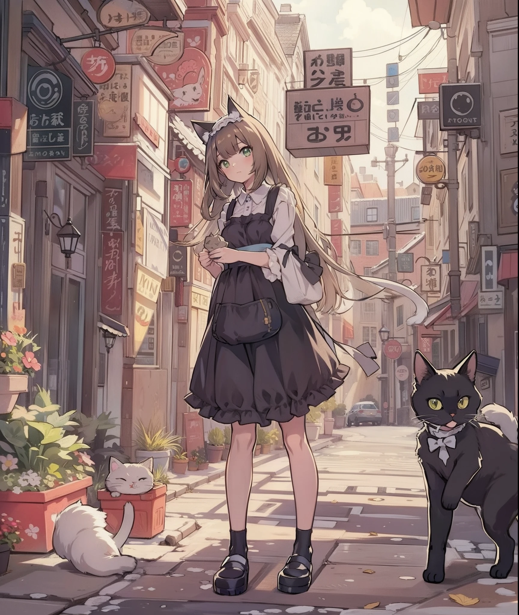 Anime girl en robe avec chat et chat noir marche dans la rue, anime Fille chat, cute anime Fille chat, beautiful anime Fille chat, chat animé girl in a maid costume, fille chat, chat animé, Fille anime avec des oreilles de chat, Very Beautiful Anime fille chat, jolie fille chat, Fille chat, Nekomimi, beautiful young Fille chat, visuel animé d&#39;un chat mignon