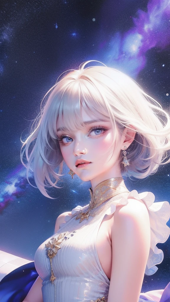 The girl's hair is turning into a starry sky，The girl's clothes blend into the galaxy