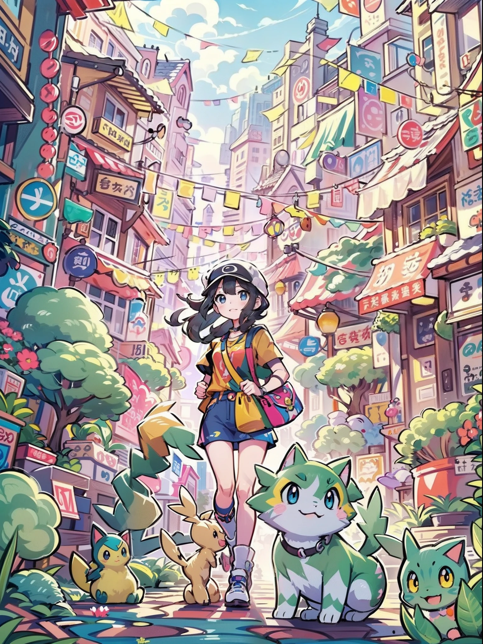 1girl in,A pokémon_The card,(top-quality), (high_quality), (Convoluted_Details), (ultra-detailliert), (illustratio), (Distinct_image),saito_naoki,city scenery、Rainbow View、With cats（（Cute cat１.５））
