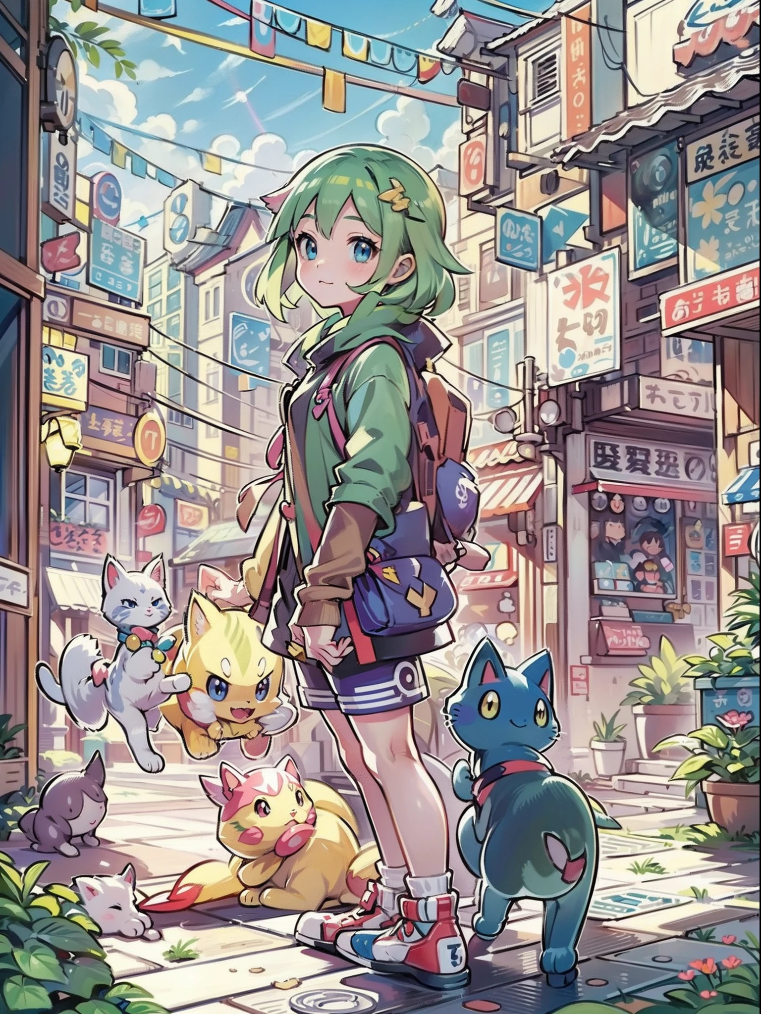 1girl in,A pokémon_The card,(top-quality), (high_quality), (Convoluted_Details), (ultra-detailliert), (illustratio), (Distinct_image),saito_naoki,city scenery、Rainbow View、With cats（（Cute cat１.５））