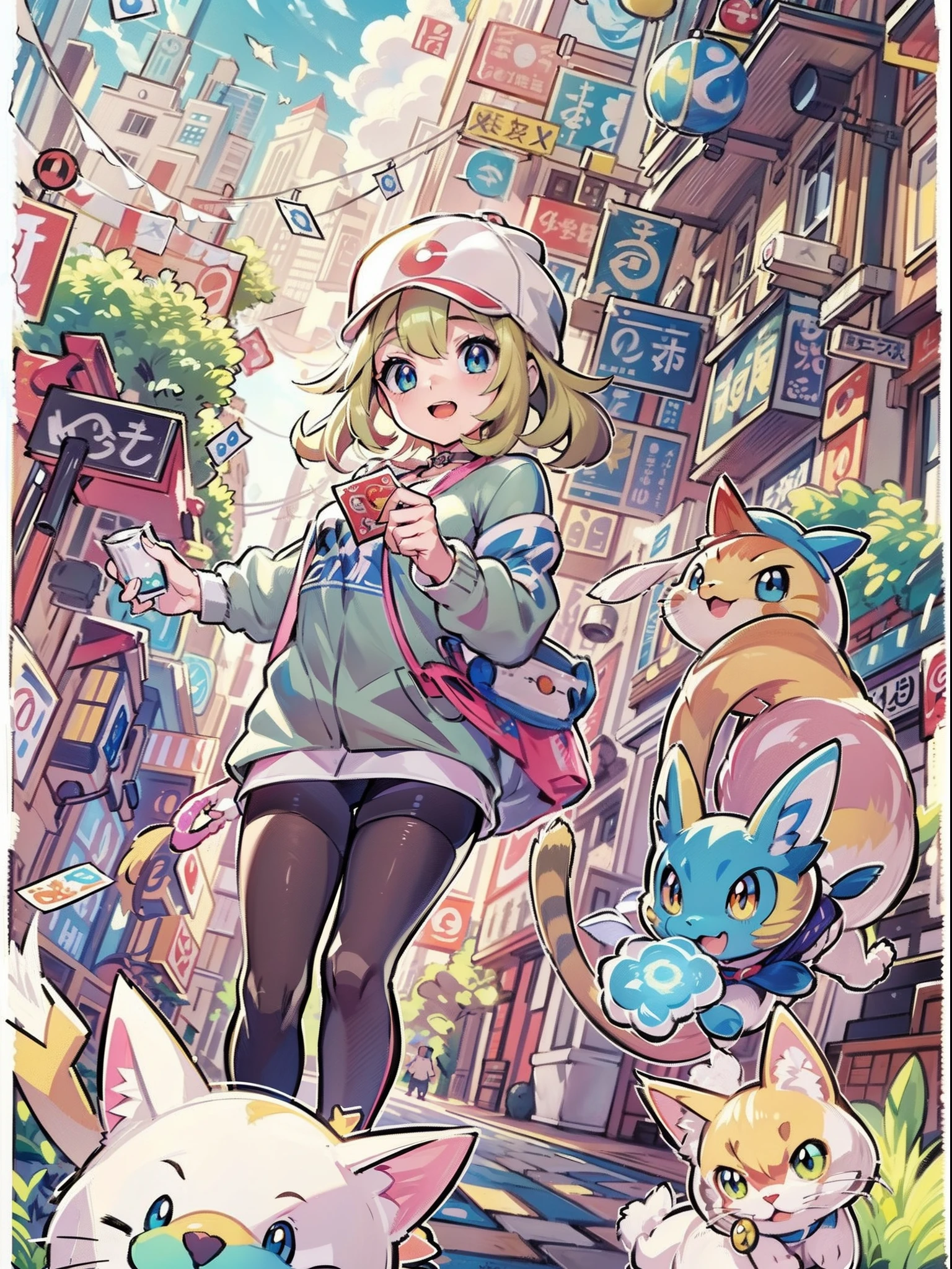 1girl in,A pokémon_The card,(top-quality), (high_quality), (Convoluted_Details), (ultra-detailliert), (illustratio), (Distinct_image),saito_naoki,city scenery、Rainbow View、With cats（（Cute cat１.５））