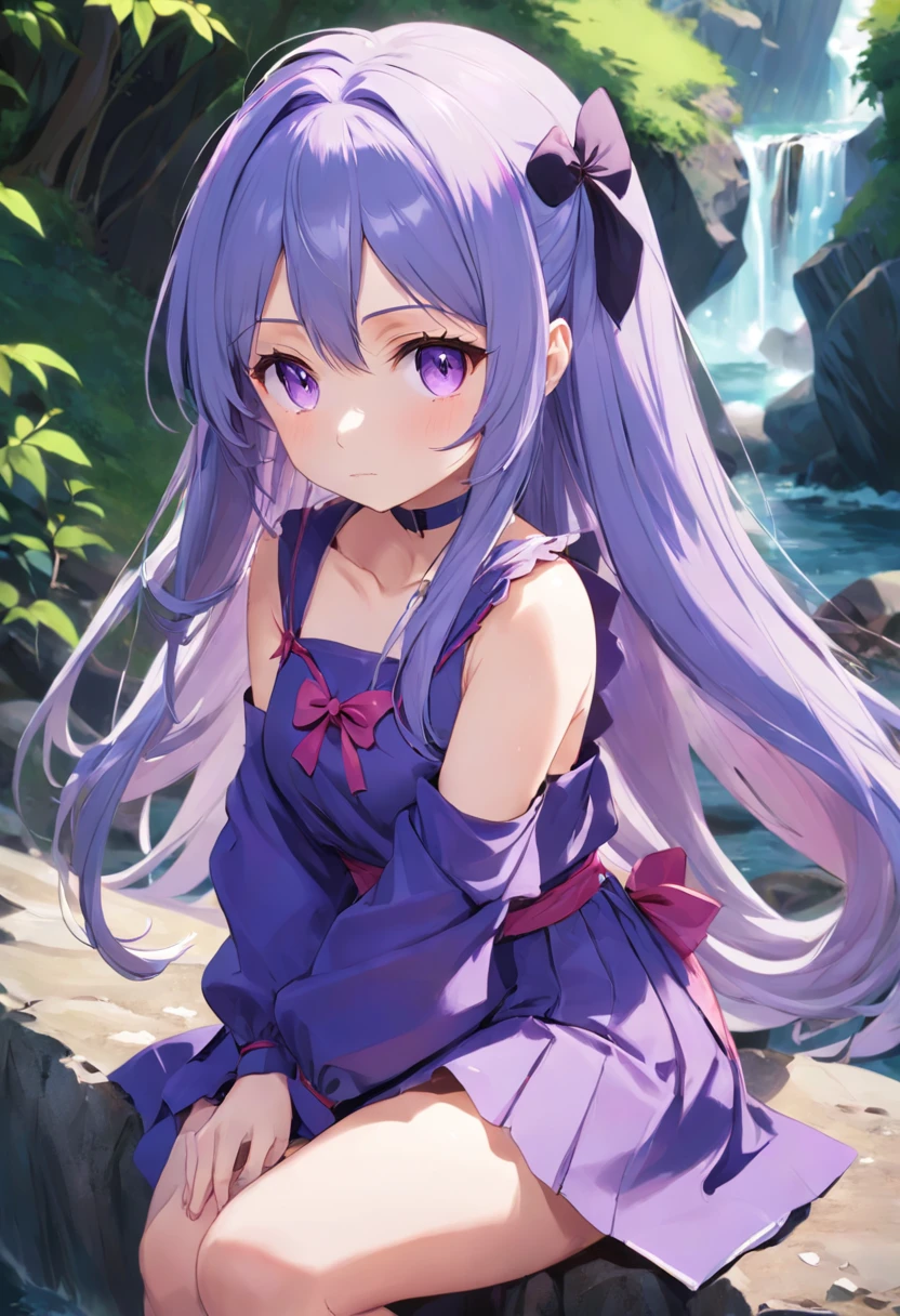 A woman with long purple hair sitting on a rock near a waterfall - SeaArt AI