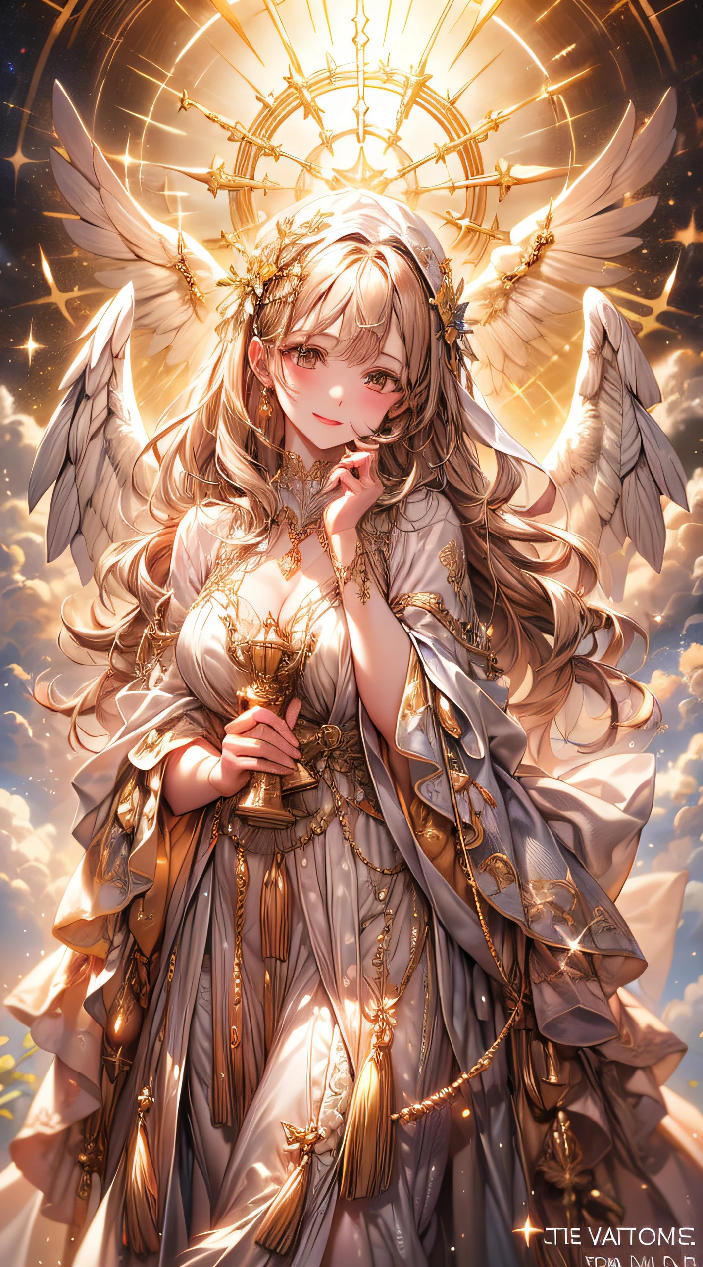 Imagine the breathtaking sight of a golden-haired angelic girl with pristine white wings, Standing before you in her heavenly splendor all day. Her radiant smile is、Illuminate the heavens while clutching a magnificent trophy with delicate hands. Trophies are、Shine with a brilliance reflecting her illustrious achievements. Her golden locks sway gently in the celestial breeze, And her wings exude an aura of grace and purity. This heavenly being has accomplished something extraordinary, And the trophy symbolizes her dedication and hard work. When we capture this vision of heaven with artistic talent, Her divine being is、Deliver the stars to others、Inspire them to achieve greatness. This enchanting scene is、Celebrating the triumph of the angelic girl's efforts and the beauty of her heavenly journey.