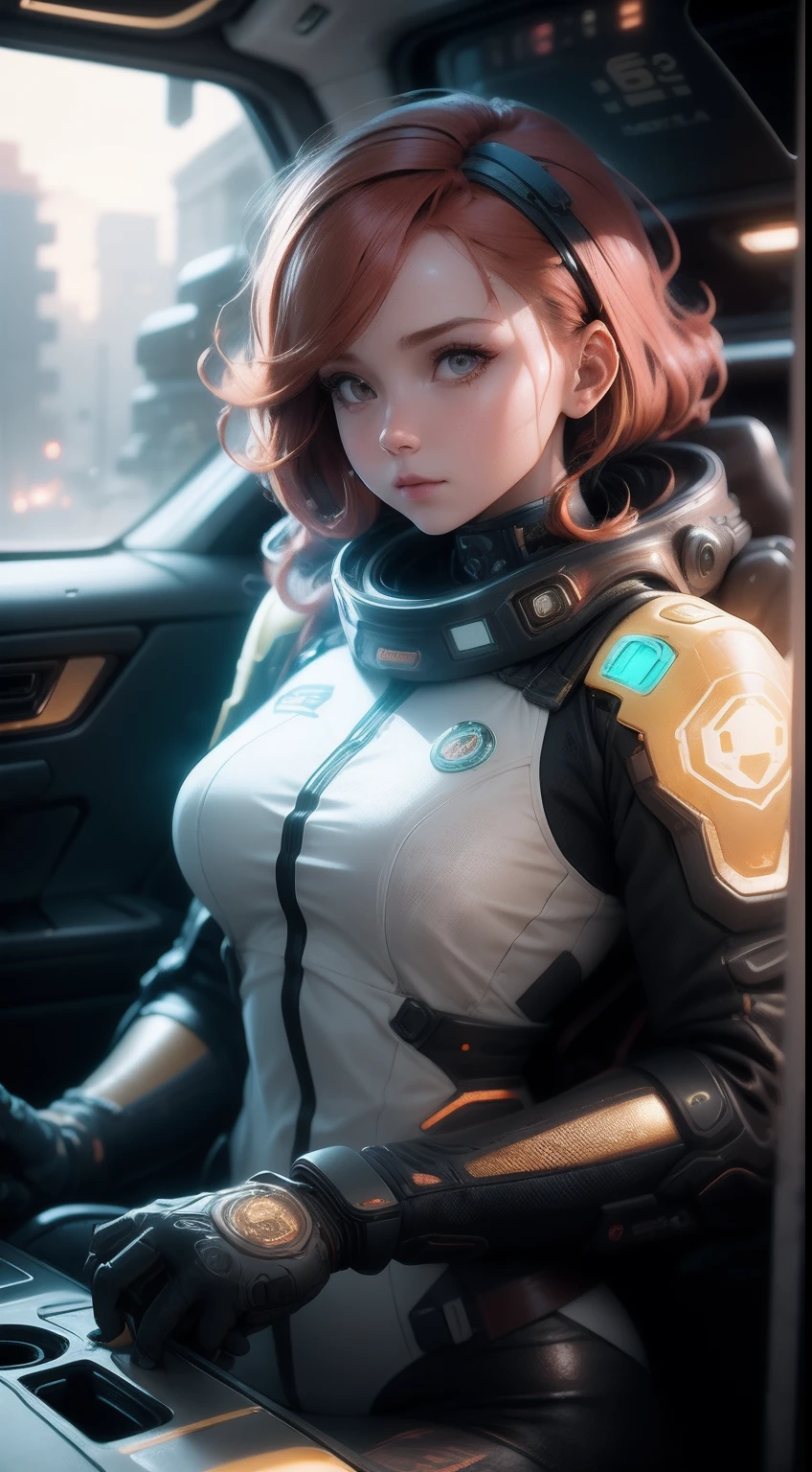 Natural redhead woman, mistic, Simulating horror, Inkjet printing, Polaroid, Octane rendering, Soft focus, Badge, Orange colors, hallyu, Golden hour lighting, Ultra-realistic intricate details, finely detailed, Automotive interior design, rendering by octane, 8K