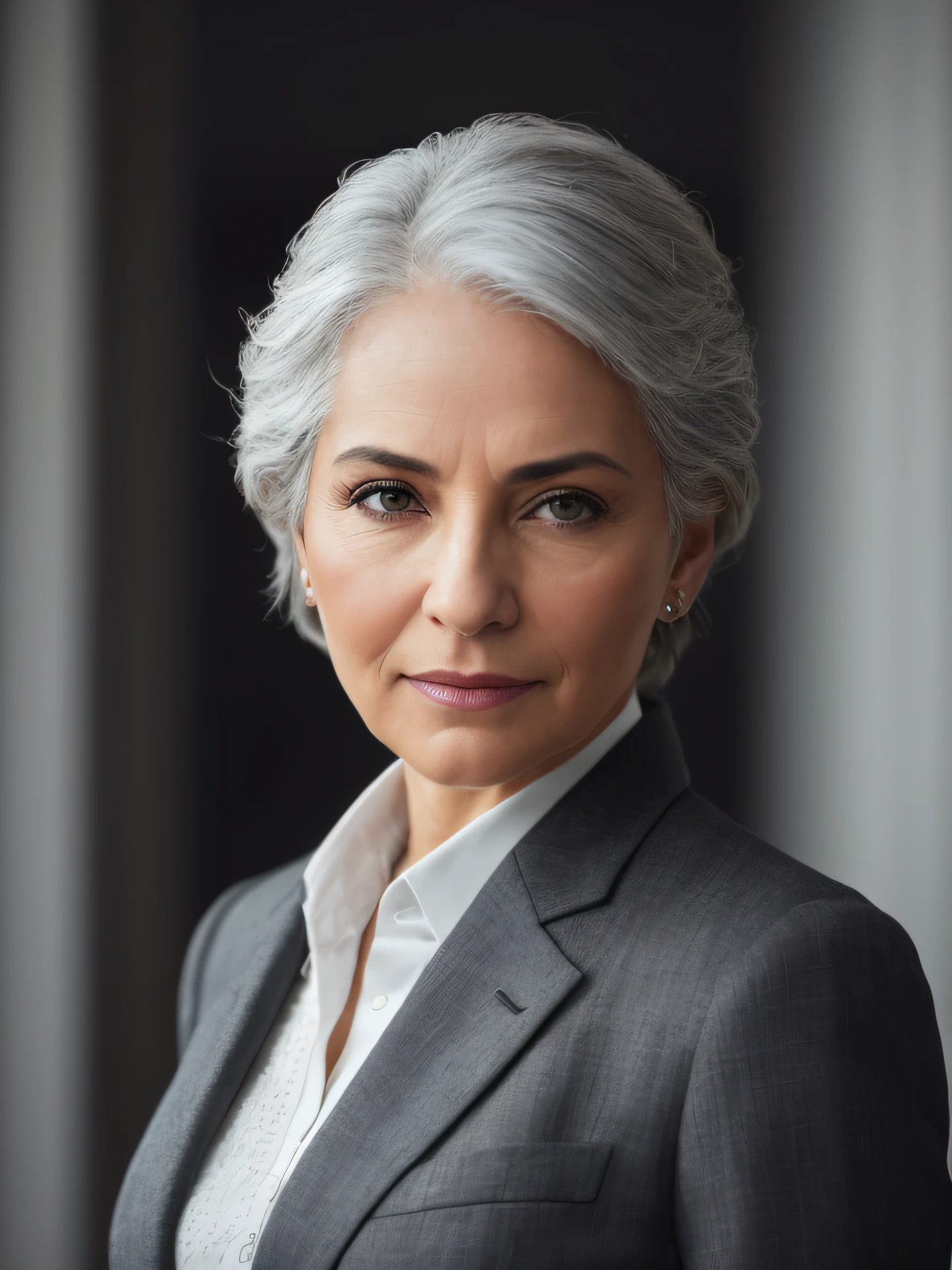 photo of a gray-haired woman in an elegant business suit, wide-frame photo, photo shoot style, exquisite, detailed, dramatic, elite, real world, (hard focus, 8 k), (((natural skin texture))), 8k textures, soft cinematic light, adome lightroom, photo lab, hdr, intricate, elegant, highly detailed, clear focus, (((cinematic look))), soothing tones, crazy detail, high detail, low contrast, soft cinematic light, dull colors, mixing exposures, HDR, fade, 35 mm, f/1.4, ISO64, f16, 25 sec.