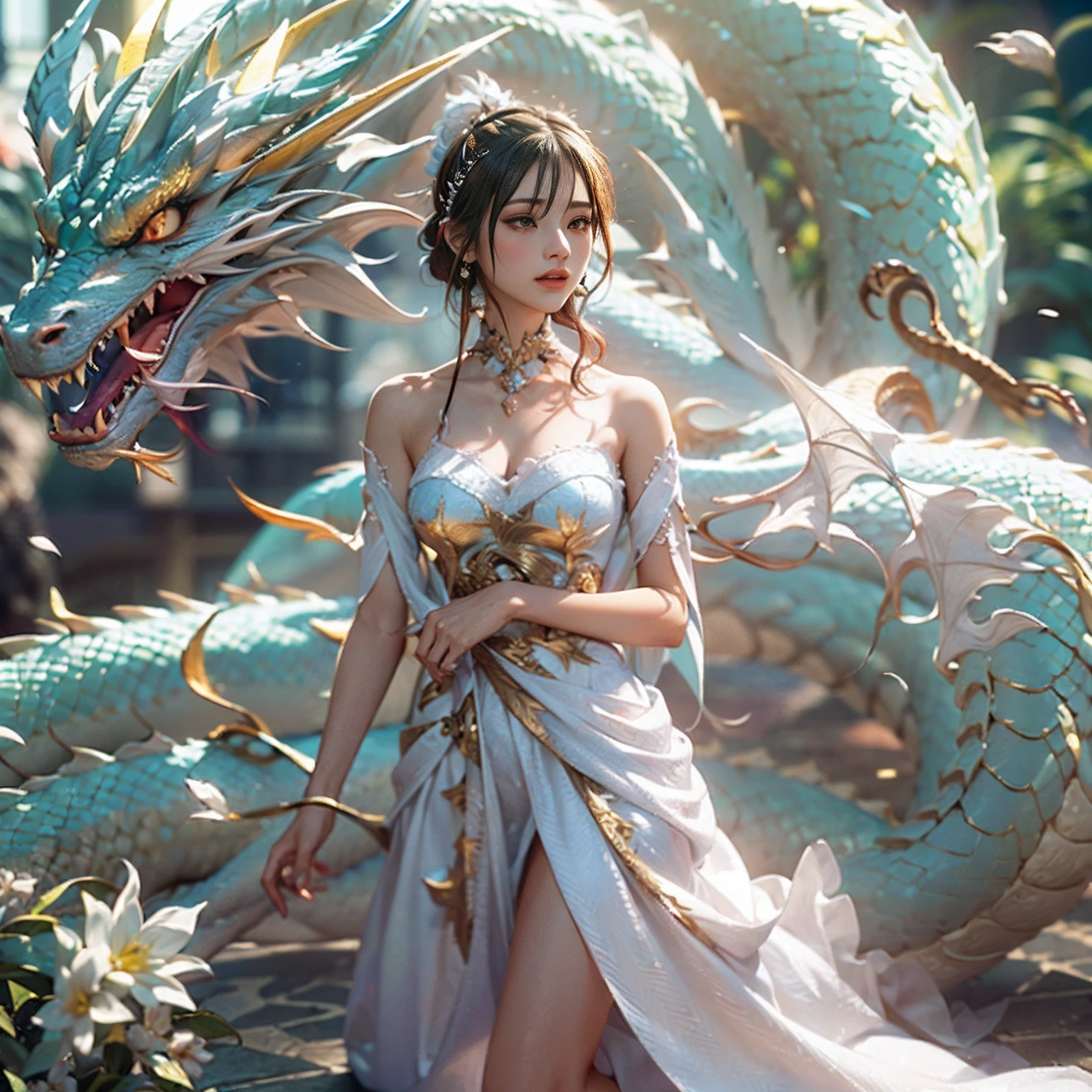 dragon_Réel,(fond d&#39;écran CG Unity 8k extrêmement détaillé,chef-d&#39;œuvre, meilleure qualité, Ultra-détaillé, beaux yeux détaillés:1.2),meilleur éclairage, (Meilleure ombre, un extrêmement délicat et beau, floraison),la fille était entourée de dragons, (1fille:1.4),seins, seulement,Tout le corps,tatouage dans le dos,robe blanche,(dragon de couleur:1.4),simplement jouer,longue robe,