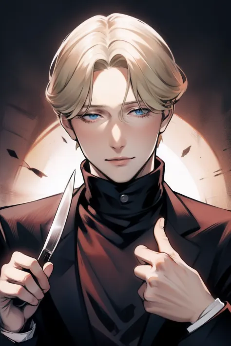 johan liebert, solo boy, knife on hand, wearing black sweather, knife on hand with blood, bloody face, blood on hands, gore, blo...