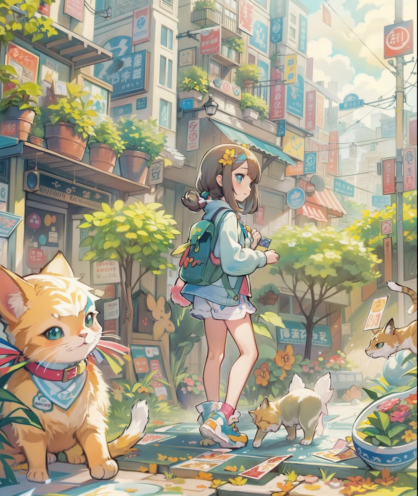 profile、1girl in,A pokémon_The card,(top-quality), (high_quality), (Convoluted_Details), (ultra-detailliert), (illustratio), (Distinct_image),saito_naoki,city scenery、Rainbow View、With cats（（Cute cat１.５））