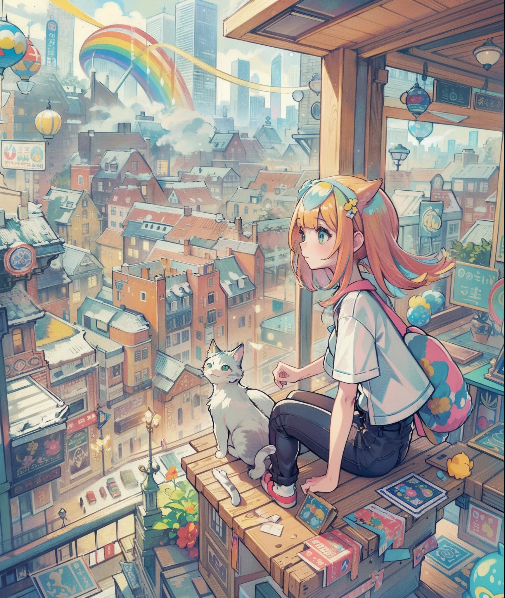 perfil、1 chica en,el pokemon_La tarjeta,(top-calidad), (Alto_calidad), (Complejo_detalles), (ultra detallado), (iluminación), (distinto_imagen),saito_Naoki,paisaje de la ciudad、Vista del arco iris、Con gatos（（lindo gato１.５））