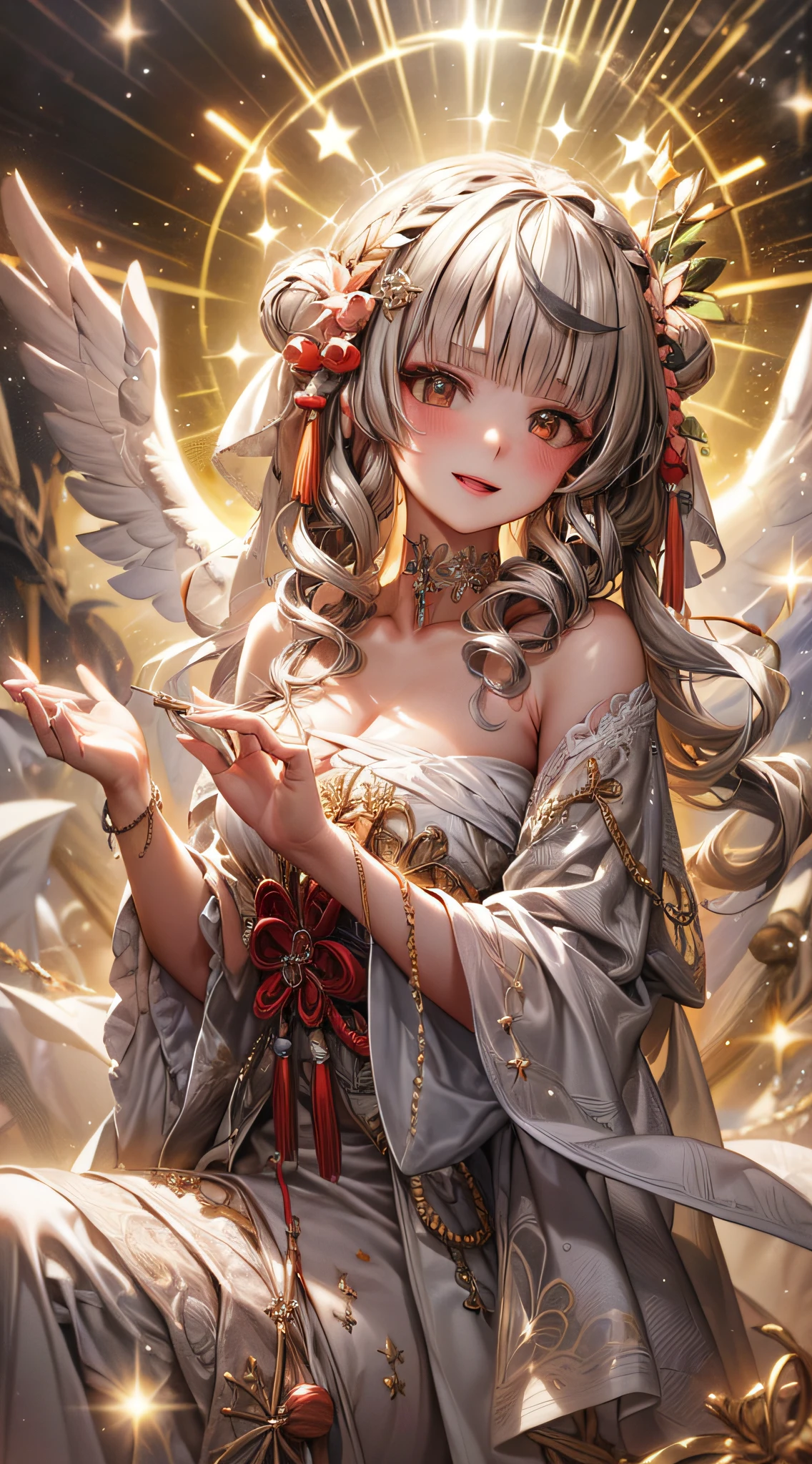 Imagine a visão de tirar o fôlego de uma menina angelical de cabelos dourados com asas brancas imaculadas, Fique diante de você em esplendor celestial durante todo o dia. Seu sorriso radiante é、Ilumine os céus enquanto segura um magnífico troféu com mãos delicadas.Usando uma venda、 Os troféus são、Brilhe com um brilho refletindo suas realizações ilustres. Suas madeixas douradas balançam suavemente na brisa celestial, e suas asas exalam uma aura de graça e pureza. Este ser celestial realizou algo extraordinário, e o troféu simboliza sua dedicação e trabalho árduo. Quando captamos essa visão do céu com talento artístico, Seu ser divino é、Levando as estrelas para os outros、Inspirá-los a alcançar a grandeza. Essa cena encantadora é、Celebrando o triunfo dos esforços de uma menina angelical e a beleza de sua jornada celestial.