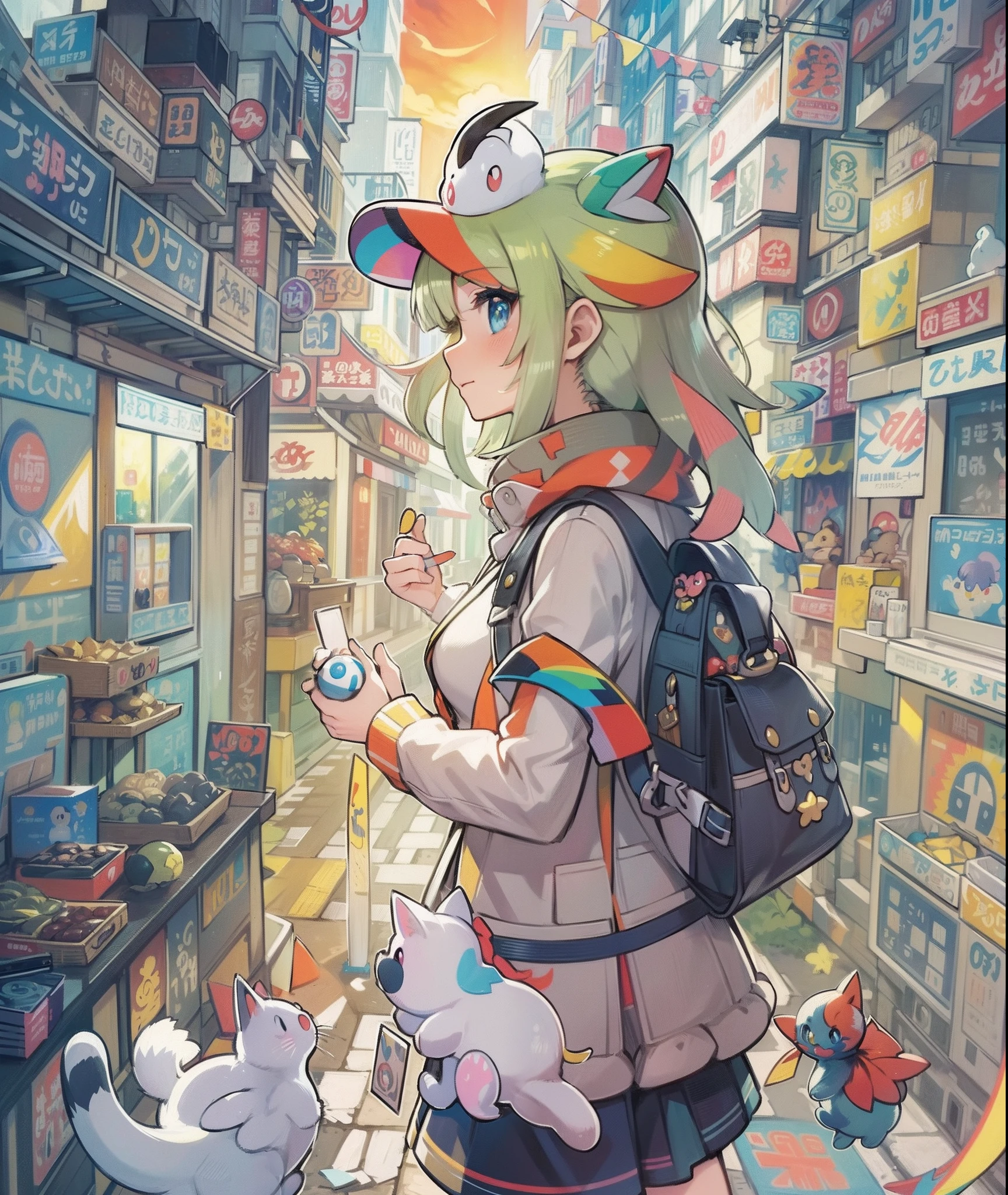 profile、1girl in,A pokémon_The card,(top-quality), (high_quality), (Convoluted_Details), (ultra-detailliert), (illustratio), (Distinct_image),saito_naoki,city scenery、Rainbow View、With cats（（Cute cat１.５））