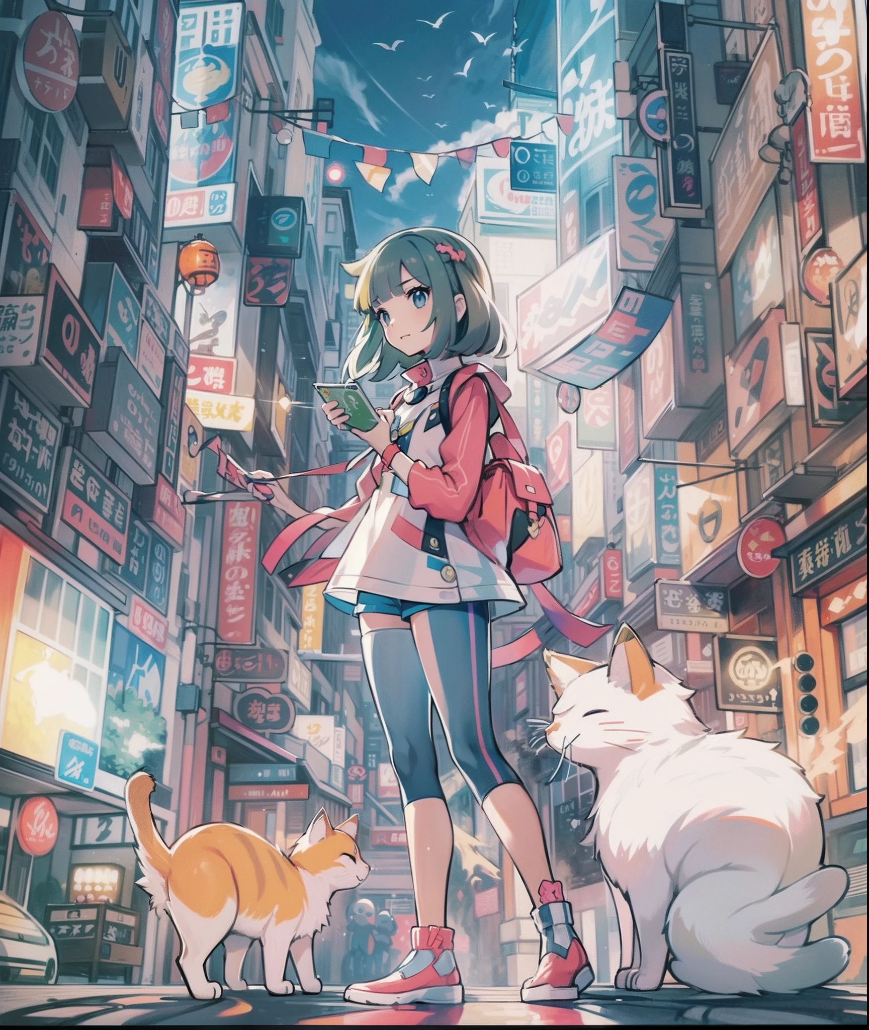 profile、1girl in,A pokémon_The card,(top-quality), (high_quality), (Convoluted_Details), (ultra-detailliert), (illustratio), (Distinct_image),saito_naoki,city scenery、Rainbow View、With cats（（Cute cat１.５））(white background:1.15), ::2]solo, mid shot, full body,