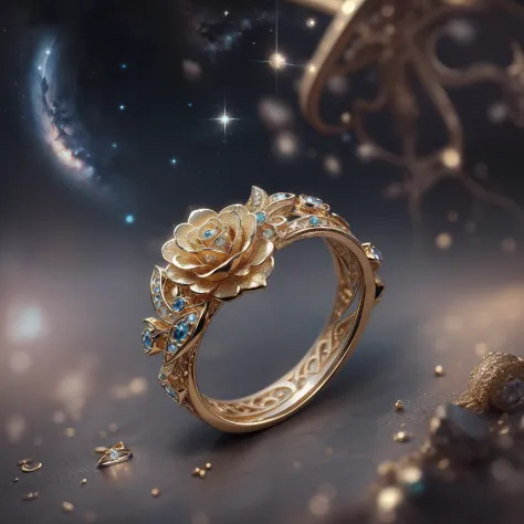 Masterpiece，highest  quality，(Nothing but the ring)，Beautiful ring, Ultra detailed，(No Man),Ring in the shape of a rose，starrysky，Wrapped around the end from beginning to end，Delicate gold ring，Starry sky in the ring,The sheen，inverted image，Sparkling gems...
