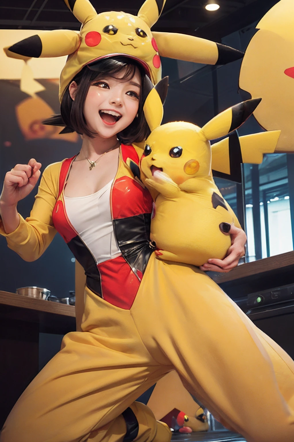 Une femme en costume de pikachu pose avec un animal en peluche - SeaArt AI