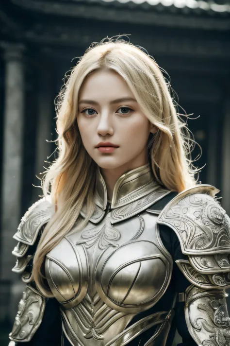 1 girl, korean, (8K, Best Quality:1.2), (masterpiece:1.37), (Photo, Photorealistic:1.37), (超A high resolution), Full body, Walking Pose, shot from front, slow motion, Female paladin wearing armour, (Light Silver Armor:1.1),(Ornately decorated armor), (Insa...