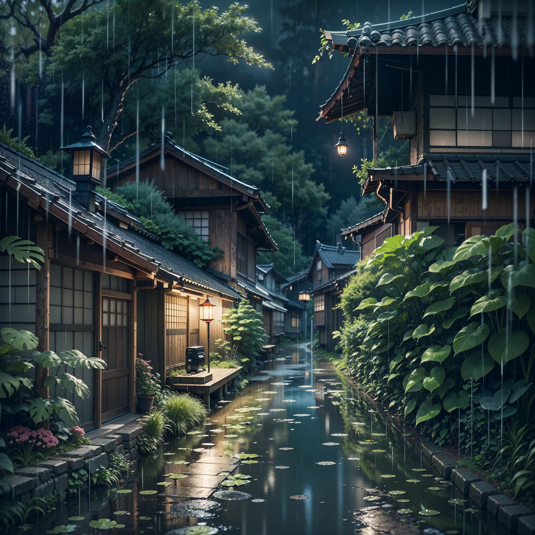 Arafed view of a canal in a japanese village with a rain shower - SeaArt AI