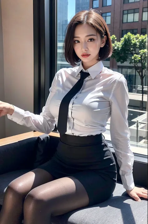 (Light underwear upper-class elite secretary), Sit by the window，Outside the window is Manhattan Plaza，Outside the window is the landmark of Manhattan Plaza，working in an office、 (Wear pantyhose)、(Short Layer Hair)、 Wear high-end heels、 (thighhighs and ski...