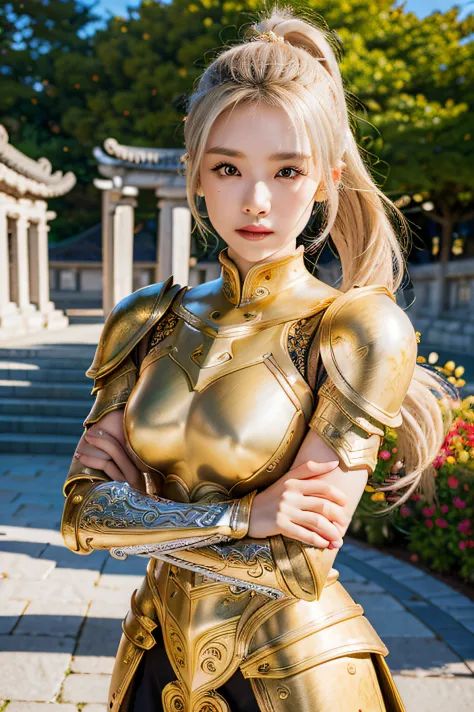 (8K, best quality:1.2), (masterpiece:1.37), (photo, photorealistic:1.37), (ultrahigh-res), half body, walking pose, shot from front, slow motion, female paladin in armour, (light silver and gold armour:1.2),(ornately decorated armor), (insanely detailed, b...