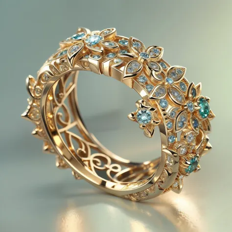Masterpiece，highest  quality，(Nothing but the ring)，Beautiful ring, Ultra detailed，(No Man),Vine ring setting，starrysky，Wrapped around the end from beginning to end，Delicate gold ring，Starry sky in the ring,The sheen，inverted image，Sparkling gemstones，Eleg...