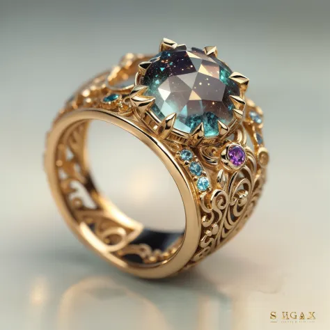 Masterpiece，highest  quality，(Nothing but the ring)，Beautiful ring, Ultra detailed，(No Man),Animal ring setting，starrysky，Wrapped around the end from beginning to end，Delicate gold ring，Starry sky in the ring,The sheen，inverted image，Sparkling gemstones，El...