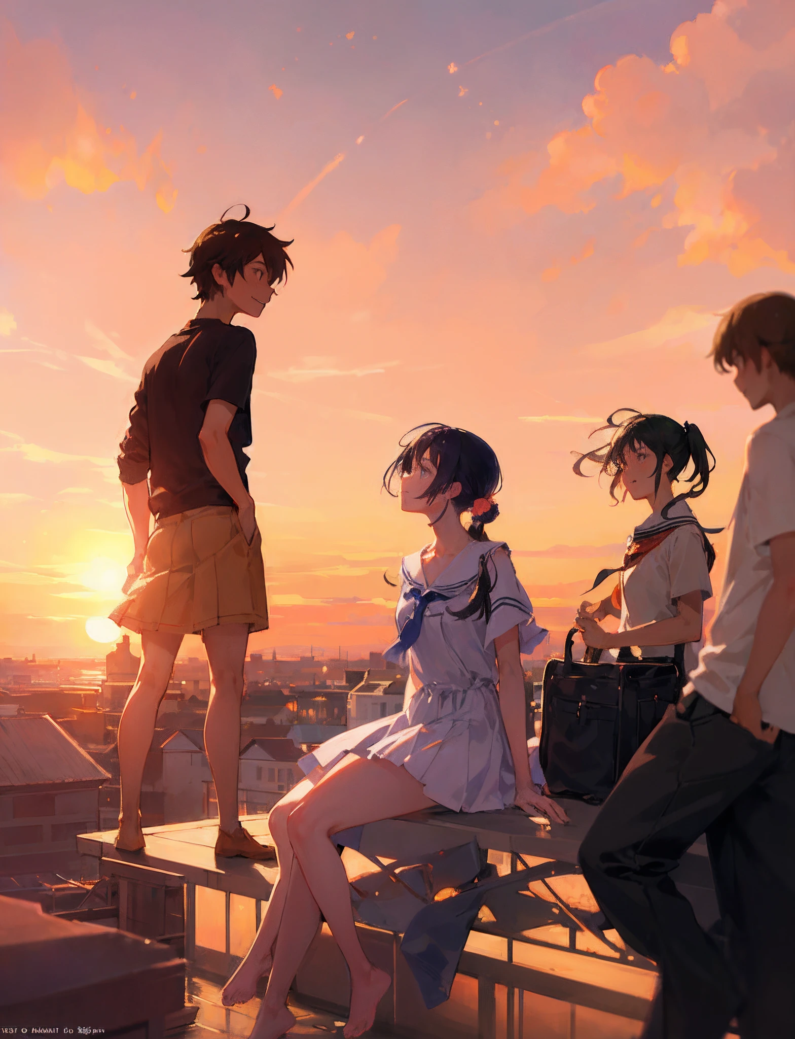 Create an exquisite illustration reminiscent of Makoto Shinkai's style, characterized by its superfine detail and top-tier quality.　Create a captivating illustration that encapsulates the essence of nostalgia and fantasy as a group of students gather on the rooftop of their school, all wearing smiles as they gaze at the mesmerizing sunset. The sun hangs low in the sky, casting a warm, golden glow that bathes the entire scene in a dreamlike atmosphere. The setting sun creates a breathtaking panorama, turning the sky into a canvas of vibrant colors - hues of orange, pink, and purple blending seamlessly. The students, with their faces lit up by the golden light, wear expressions of awe and tranquility as they take in the spectacle before them. Pay meticulous attention to detail, allowing the sunlight to dance on their joyful expressions, and the interplay of light and shadow to emphasize the textures of their surroundings. Your objective is to create an image that not only captures the serenity of the moment but also sparks the imagination, inviting viewers to join these students in their contemplative and magical experience. Through your artistic prowess, transform the rooftop into a stage for nostalgia and wonder, where the shared view of the sunset brings about a sense of camaraderie and a connection to the beauty of the fleeting moment