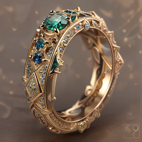 Masterpiece，highest  quality，(Nothing but the ring)，Beautiful ring, Ultra detailed，(No Man),Animal ring setting，starrysky，Wrapped around the end from beginning to end，Delicate gold ring，Starry sky in the ring,The sheen，inverted image，Sparkling gemstones，El...