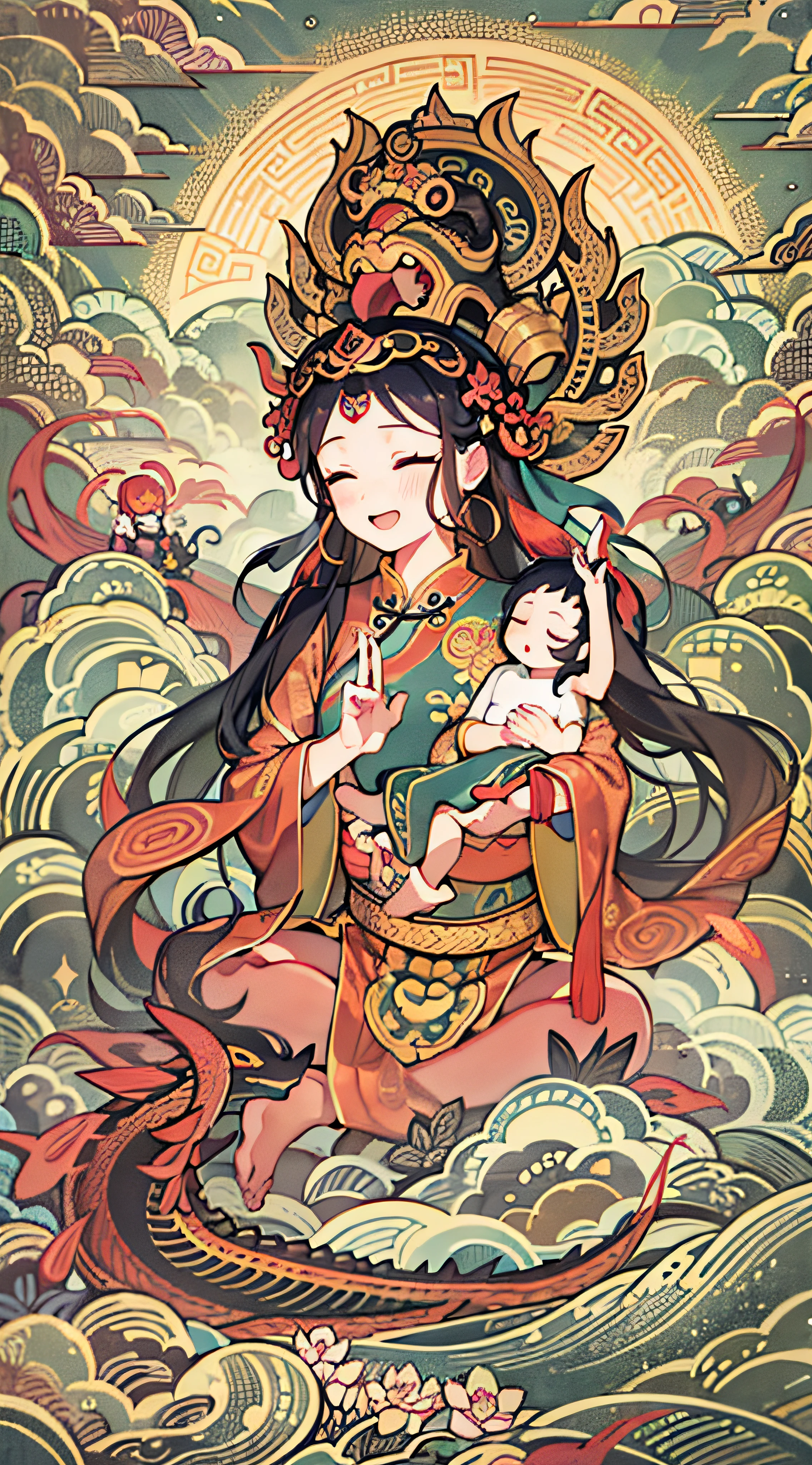 uma antiga deusa chinesa, guanyin dos mares do sul, ganhar, Inspirado na Índia, Avalokiteshvara monta um dragão，Holding a bebê boy，bebê, garotinho,（Cabelo de cor preta），Coroa na cabeça，Send Zi ganhar,expressão serena,shui mo hua,Buda,budista,lótus,Estilo de pintura chinesa,Estilo Thangka