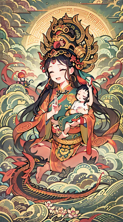 an ancient Chinese goddess, guanyin of the southern seas, Guanyin, Inspired by India, Avalokiteshvara rides a dragon，Holding a b...